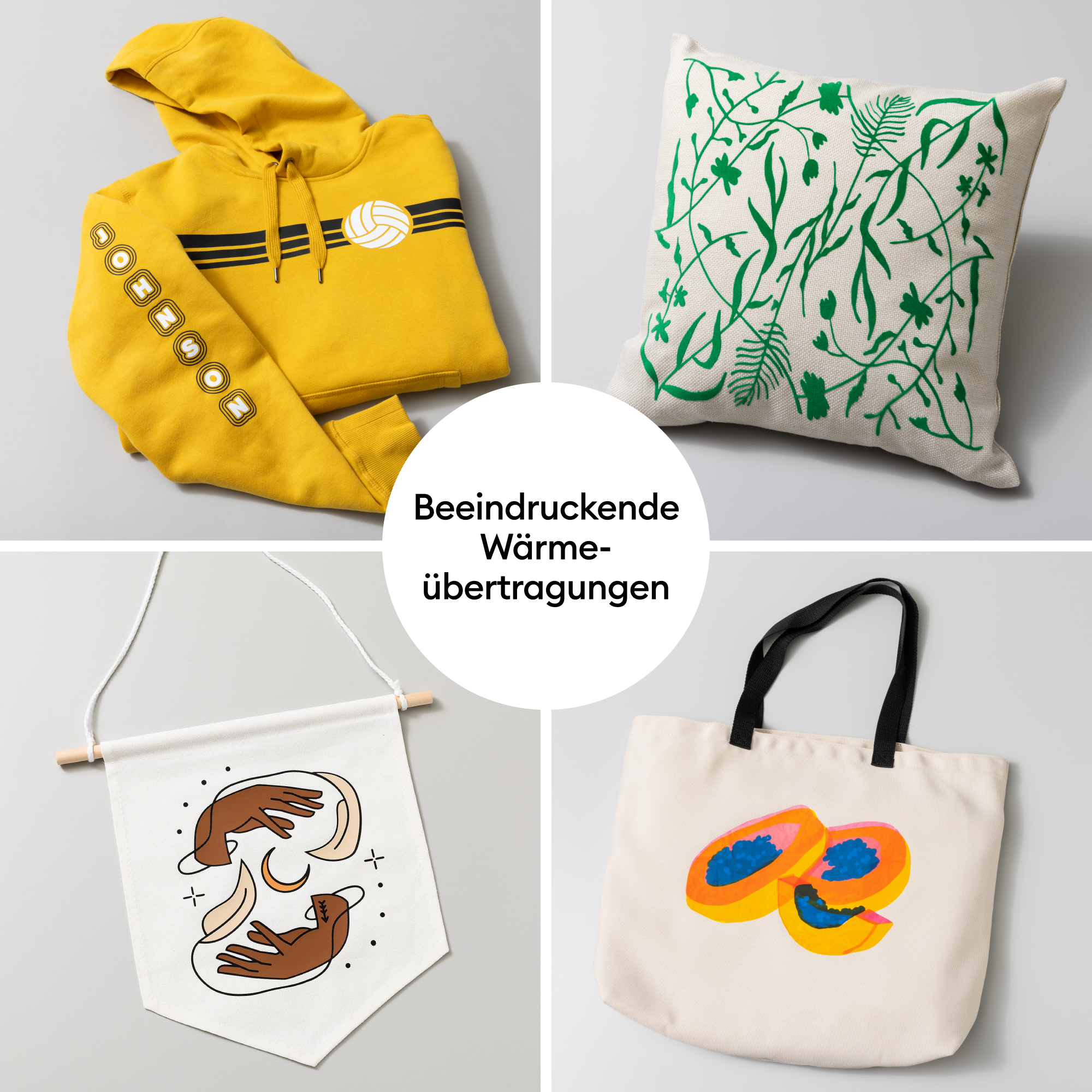 Collage aus vier Produkten mit Wärmedruckmotiven: Hoodie, Kissen, Fahne und Tasche.