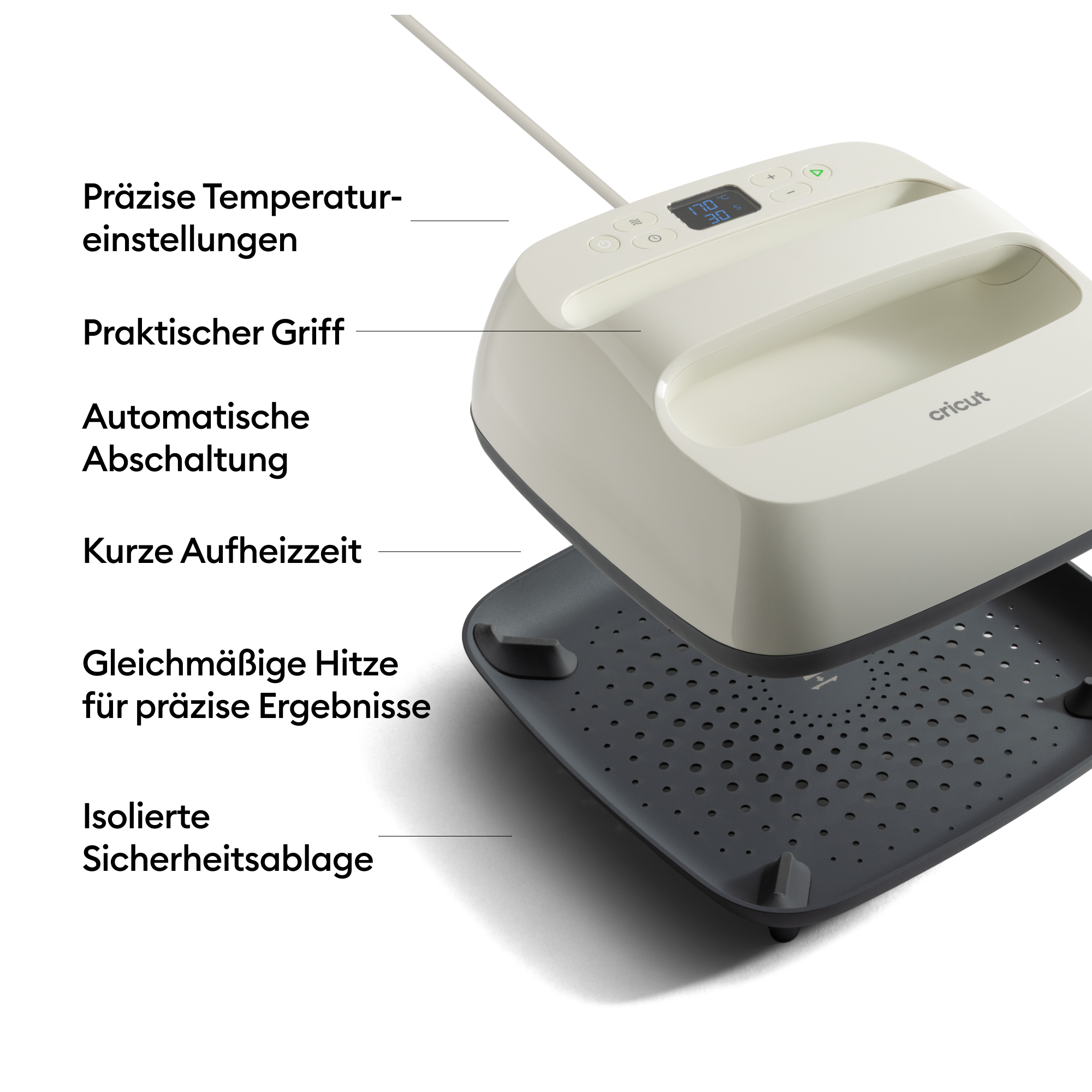 Eine weiße Cricut-Presse mit dunklem Sockel, detaillierten Bedienelementen und Beschriftungen.