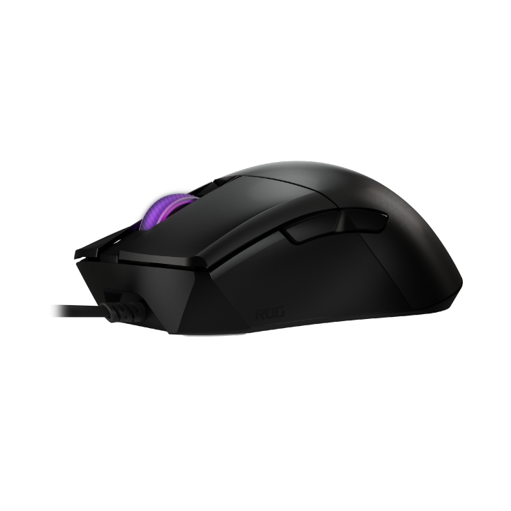 Fekete gamer egér lila görgetőkerékkel és ROG logóval.