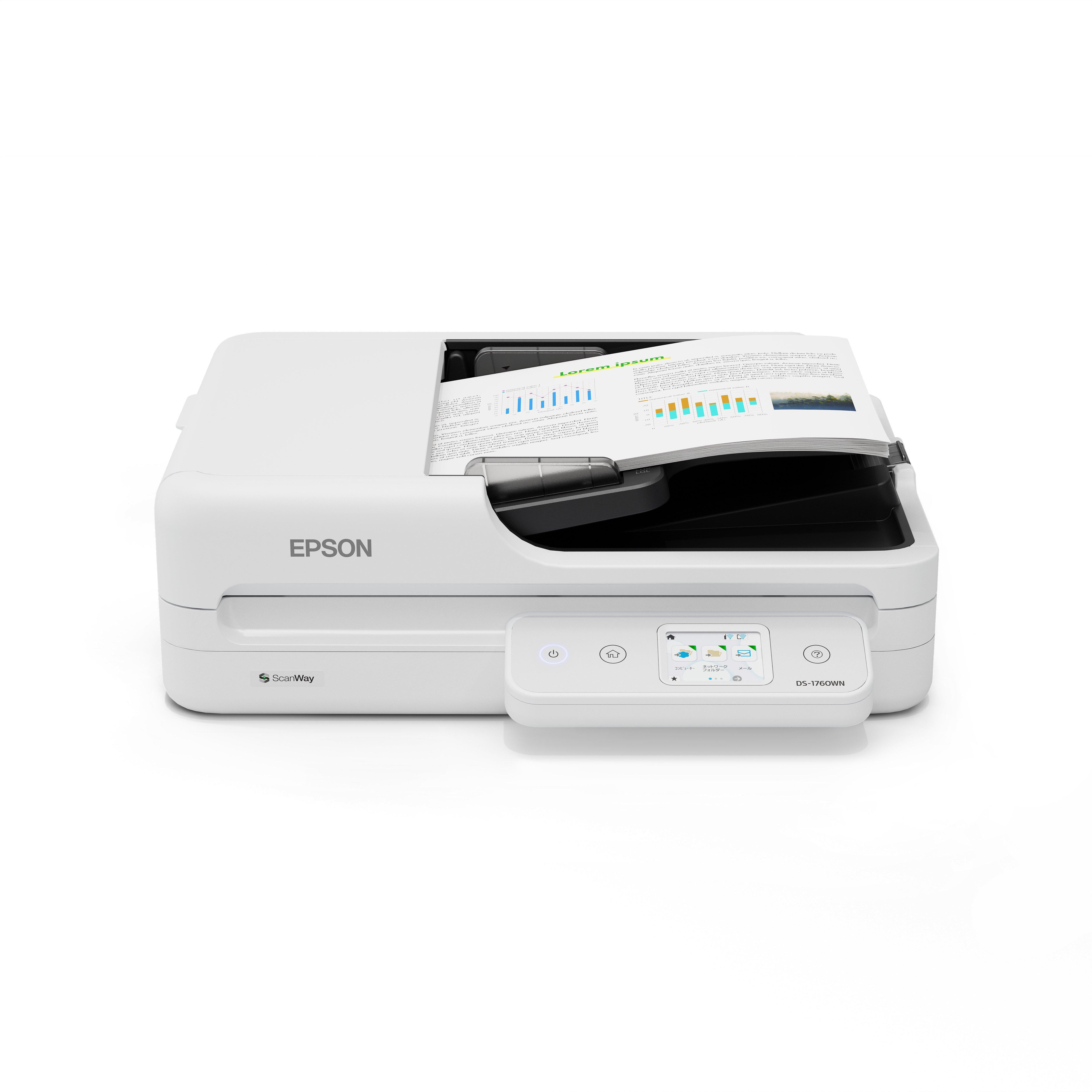 Ein weißer Epson Scanner mit Dokumenten im Einzug und Touchscreen.
