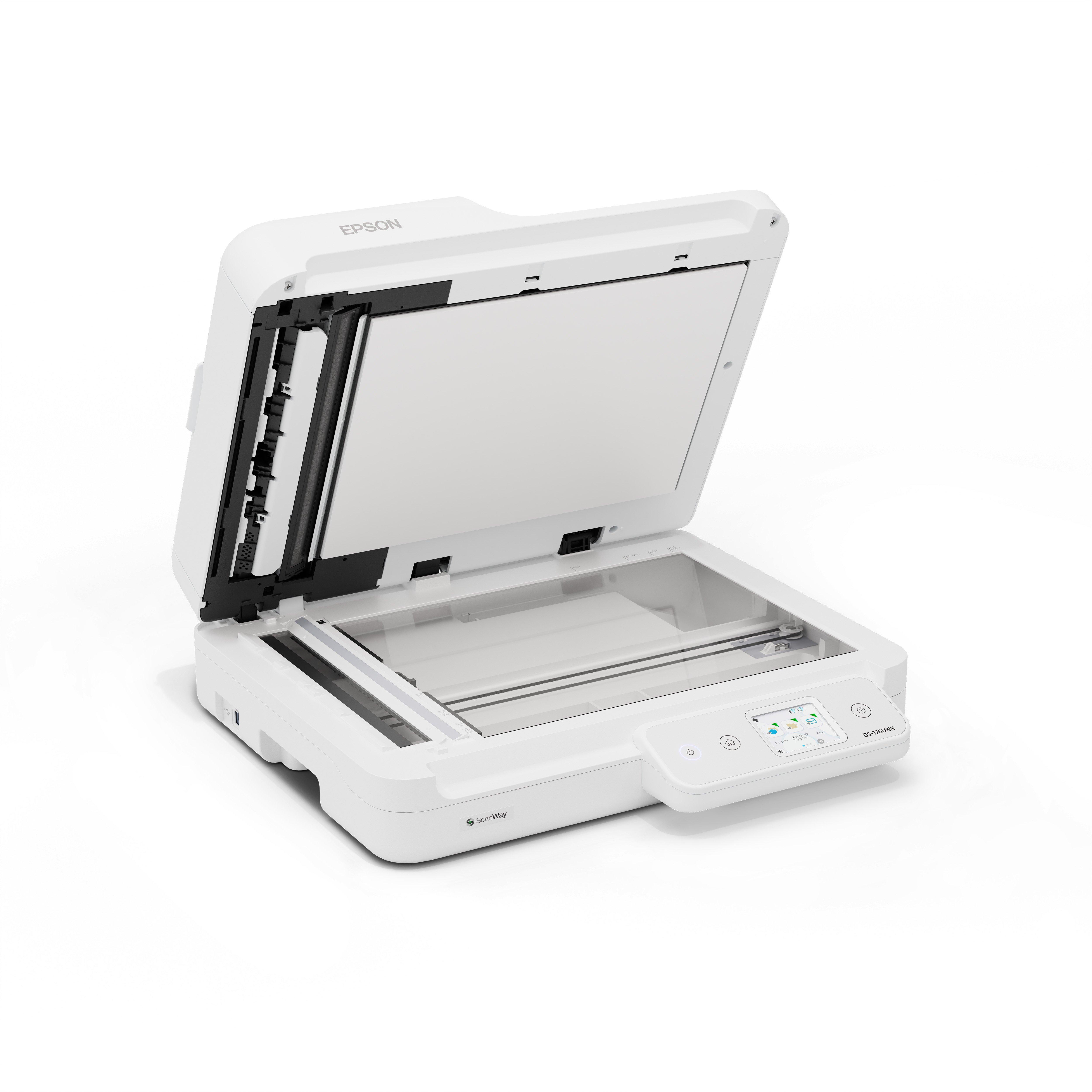 Ein weißer Epson Scanner mit geöffnetem Deckel auf weißem Hintergrund.