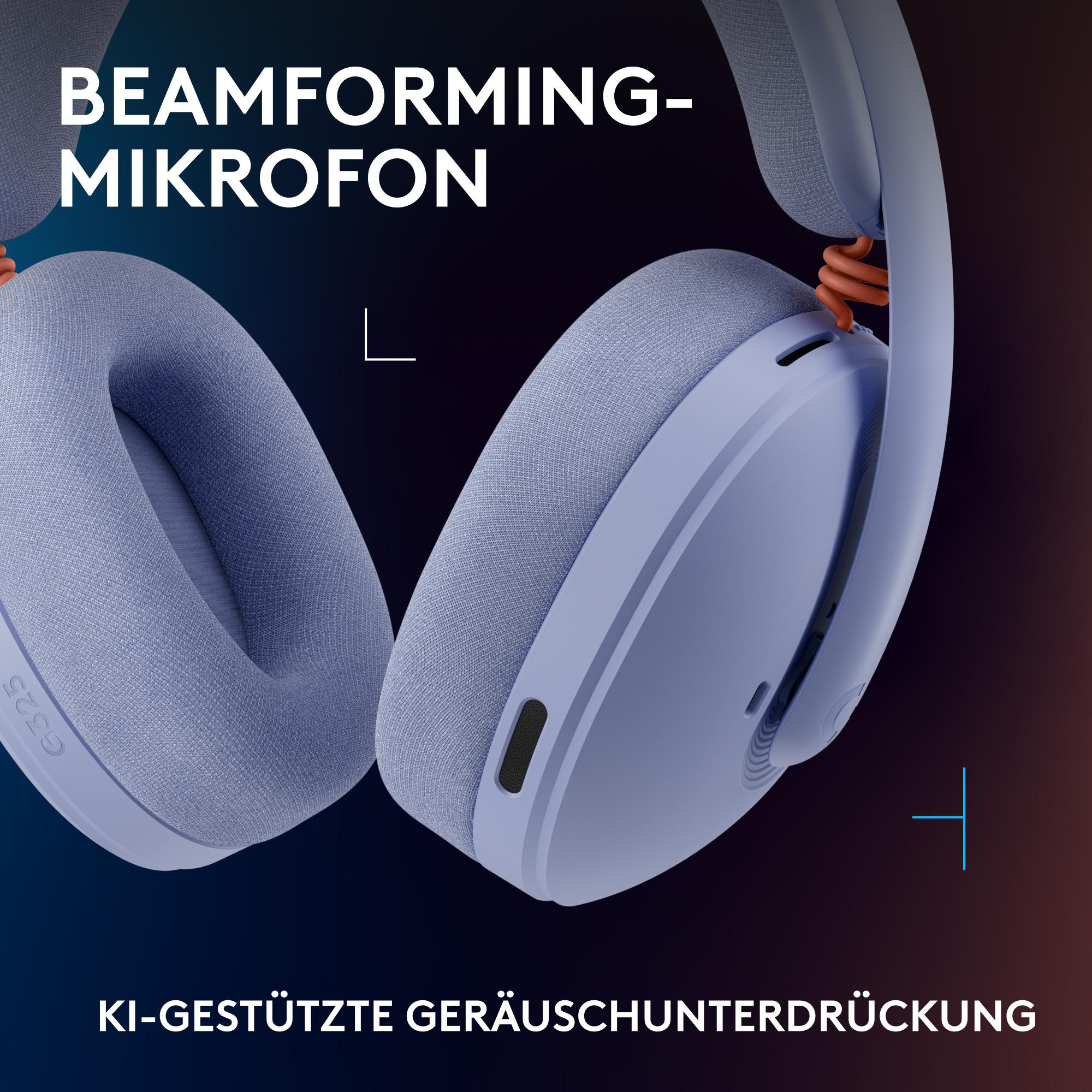Blaue Kopfhörer mit Text 'BEAMFORMING-MIKROFON' und 'KI-GESTÜTZTE GERÄUSCHUNTERDRÜCKUNG'.