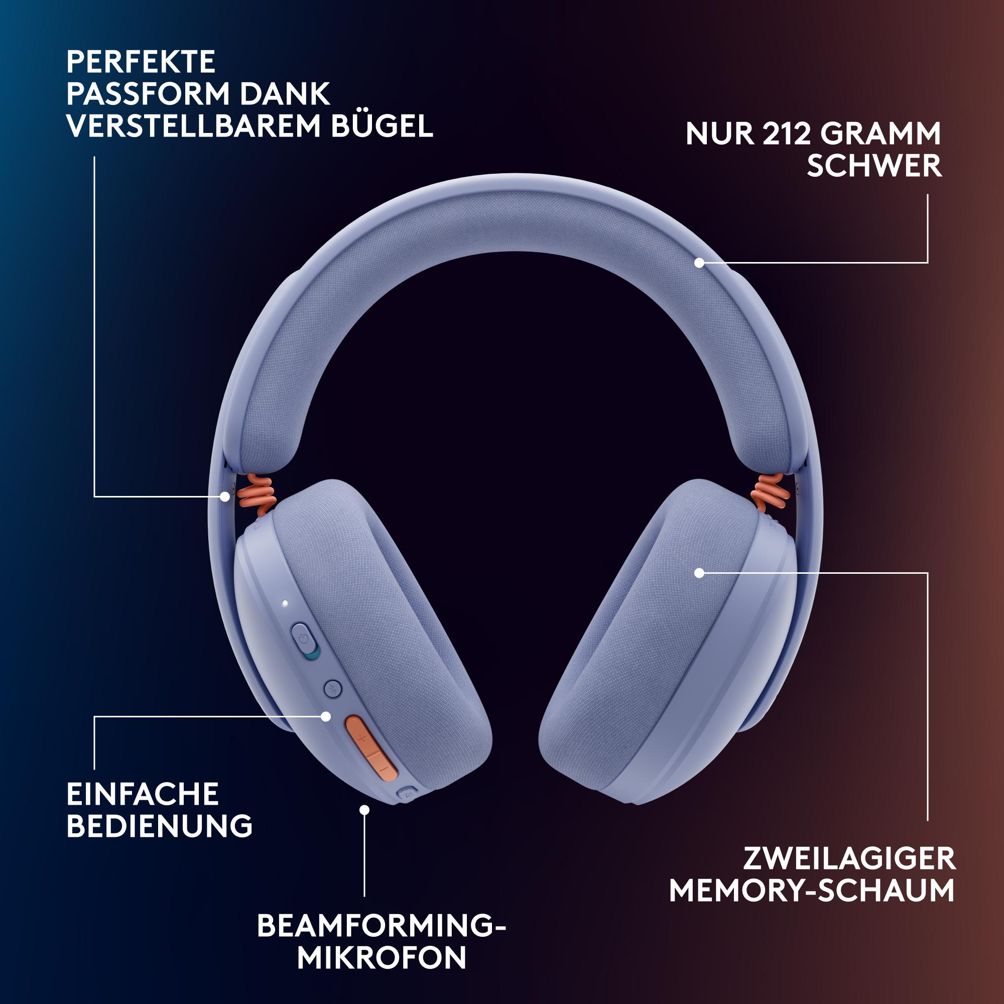 Blaue Kopfhörer mit verstellbarem Bügel, Mikrofone und Memory-Schaum.
