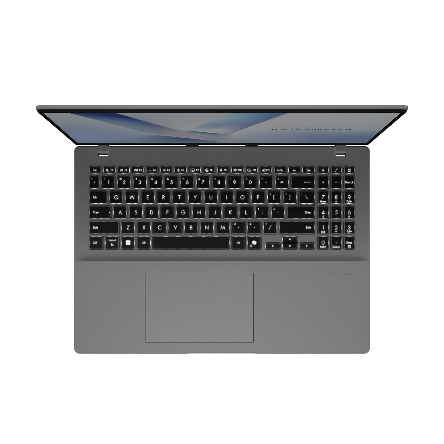 Un portátil Asus Vivobook gris, visto desde arriba, con la pantalla abierta.