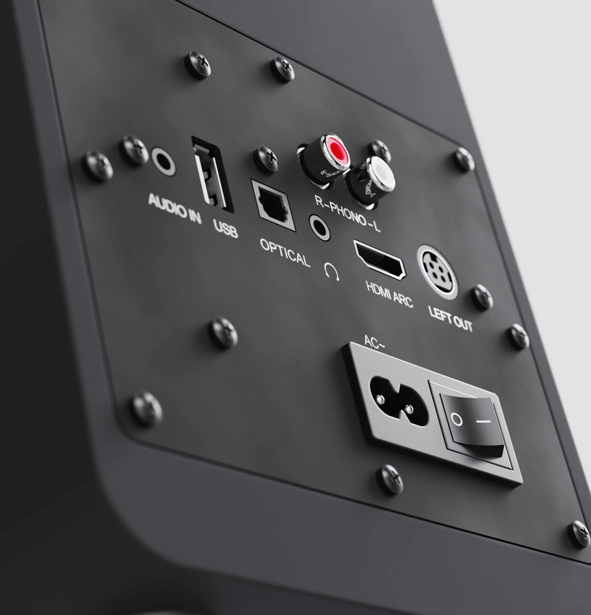 Anschlussfeld mit Audio In, USB, Optisch, HDMI ARC, Links Out und Netzschalter.