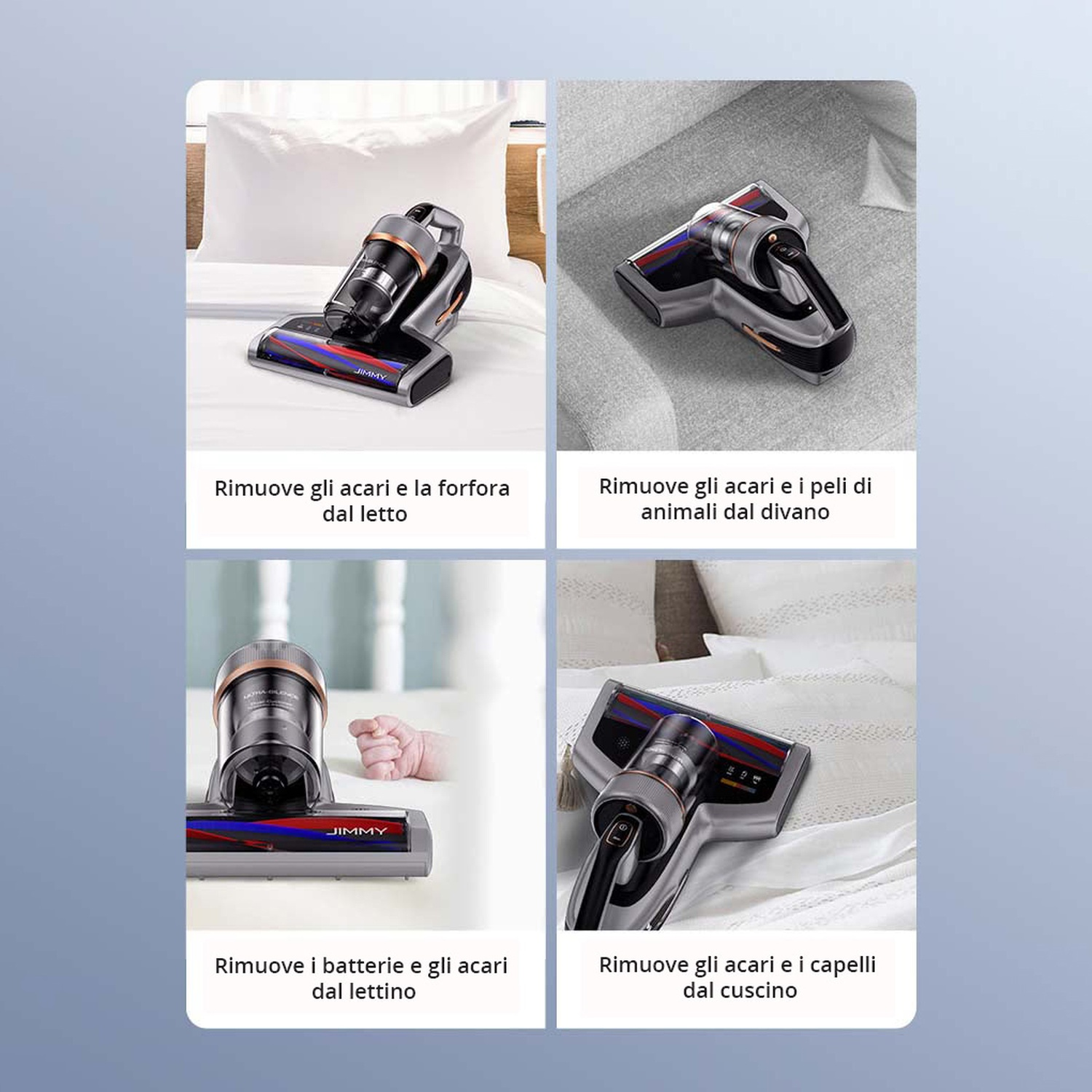 Un aspirapolvere pulisce letto, divano, lettino e cuscino, rimuove acari.
