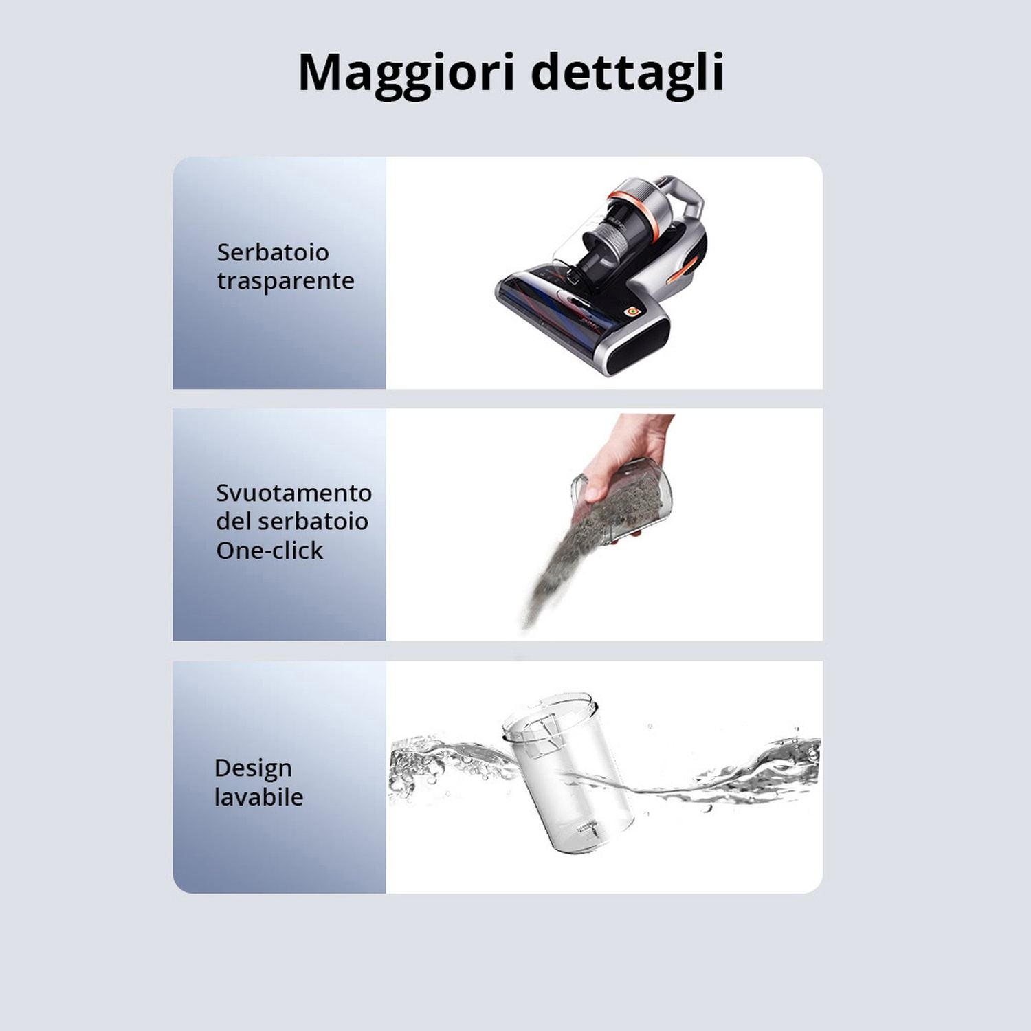 Un aspirapolvere con serbatoio trasparente, svuotamento un-clic e design lavabile.