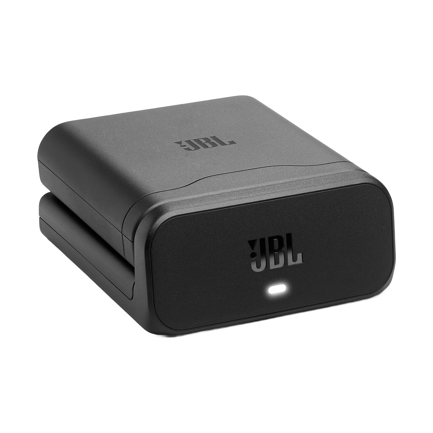 Dispositivo JBL nero con indicatore illuminato su sfondo bianco.