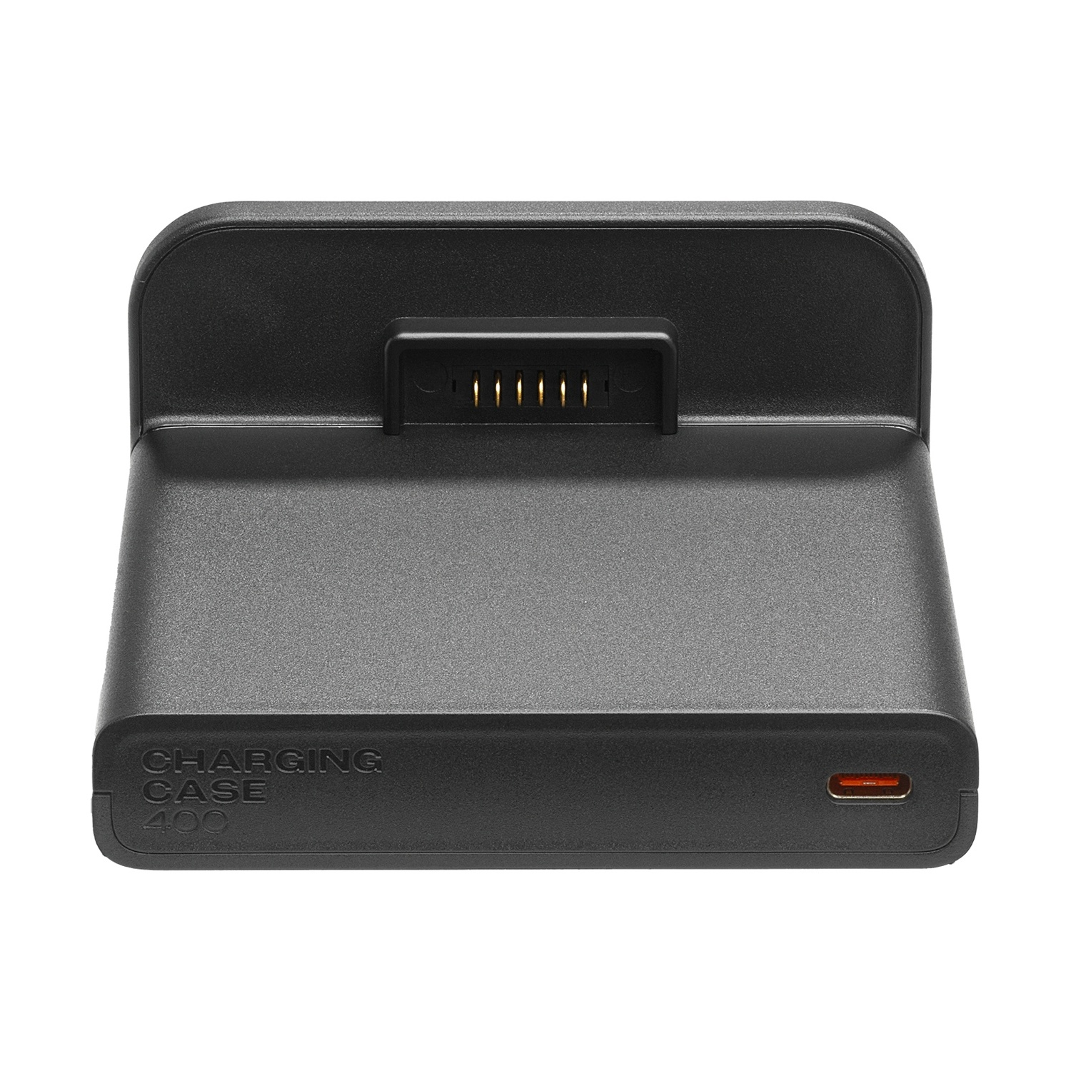 Custodia di ricarica nera con porta di ricarica e porta USB-C.