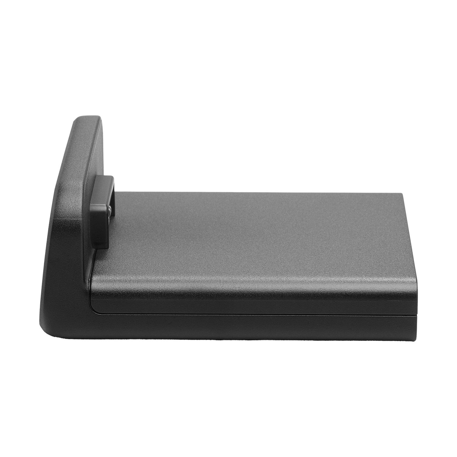 Un supporto rettangolare nero con un supporto verticale sul lato sinistro.