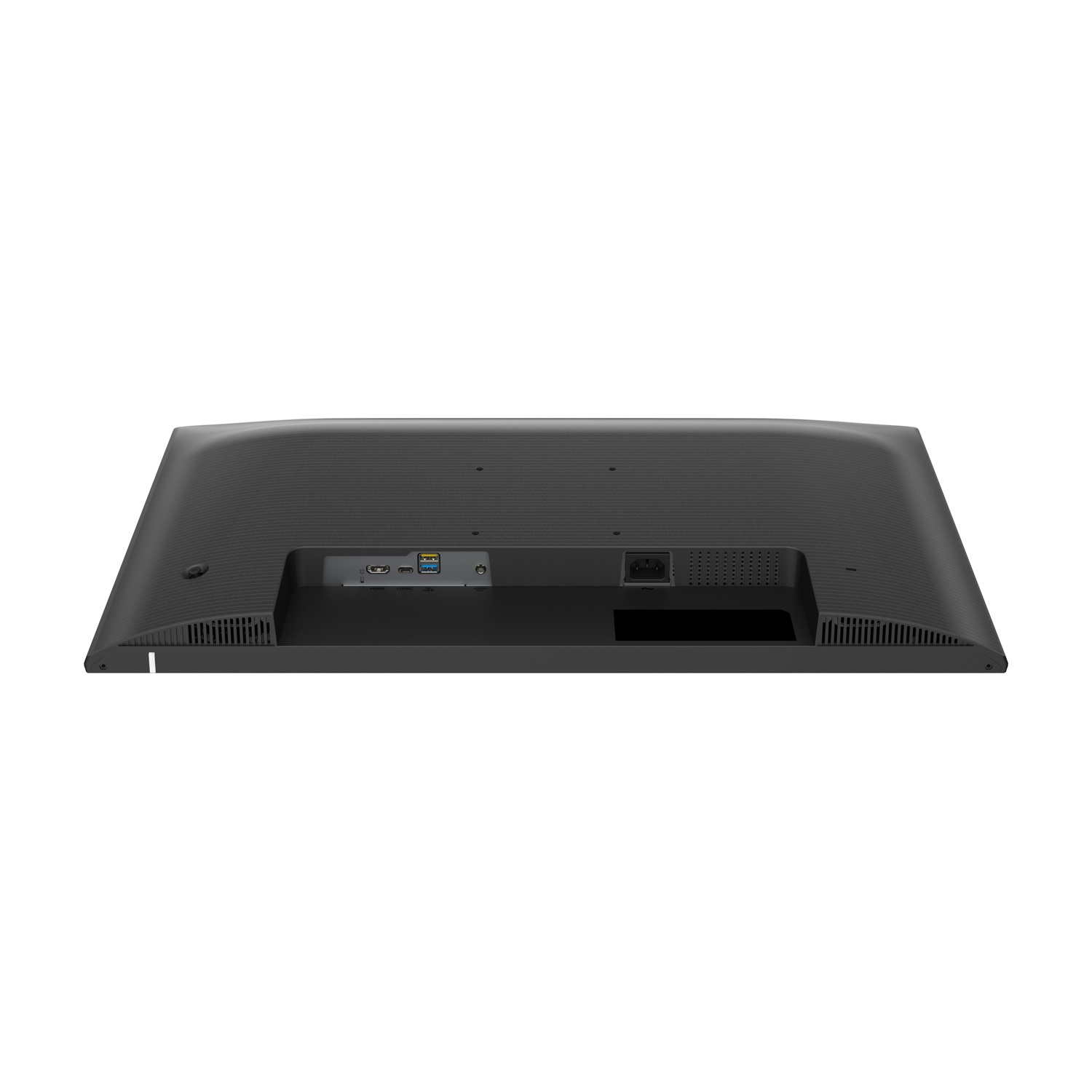Retro di un monitor nero con porte HDMI, USB e di alimentazione.