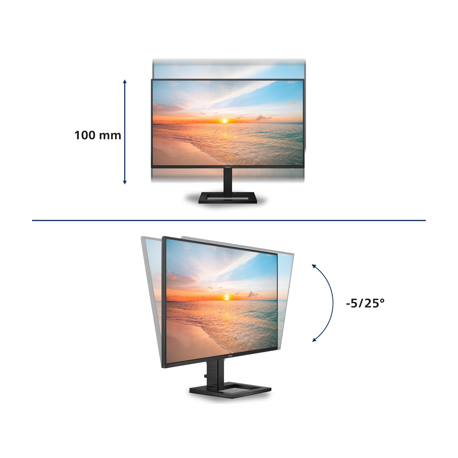 Monitor con regolazione altezza 100 mm e inclinazione -5/25°.