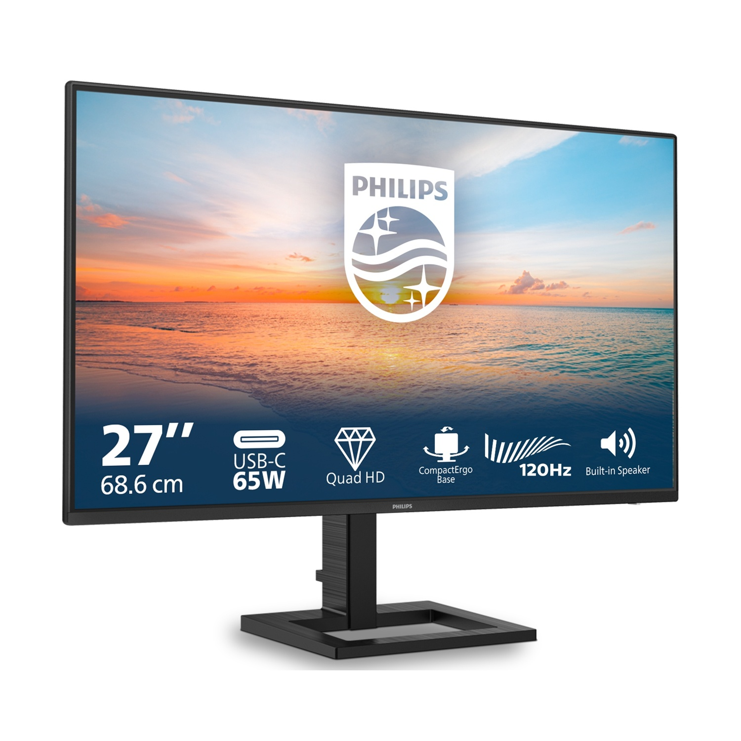 Monitor 27" Quad HD, USB-C 65W, 120Hz con base CompactErgo.