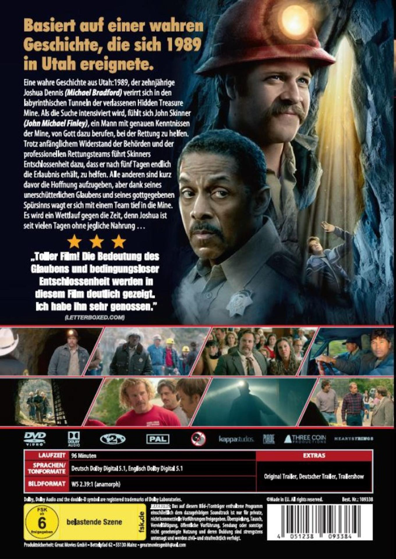 Filmplakat mit zwei Männern, die in einer Mine überleben. Text über die wahre Geschichte.