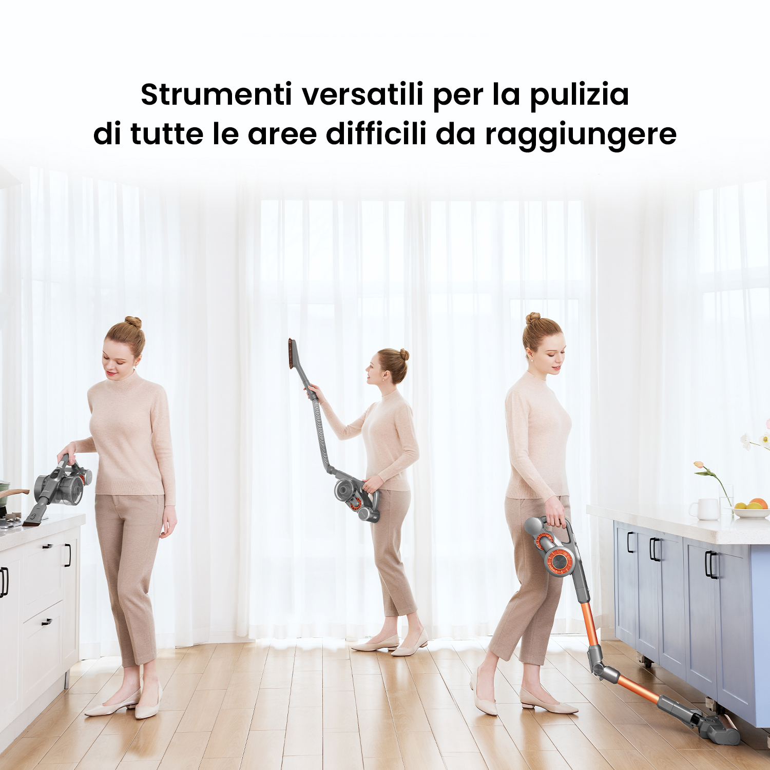 Donna con aspirapolvere in cucina, tre viste.