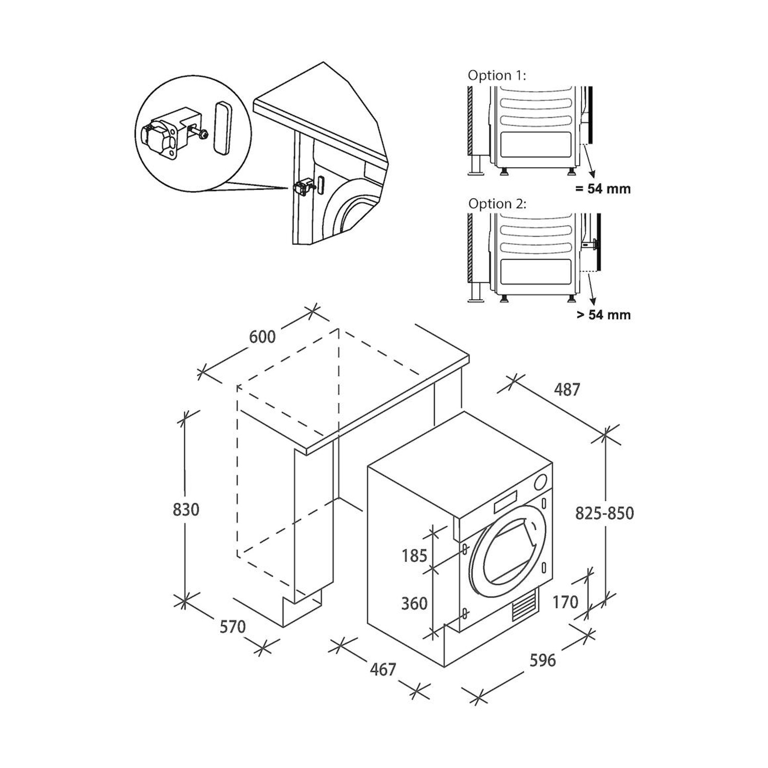 Disegno tecnico di una lavatrice con dimensioni e opzioni di installazione.