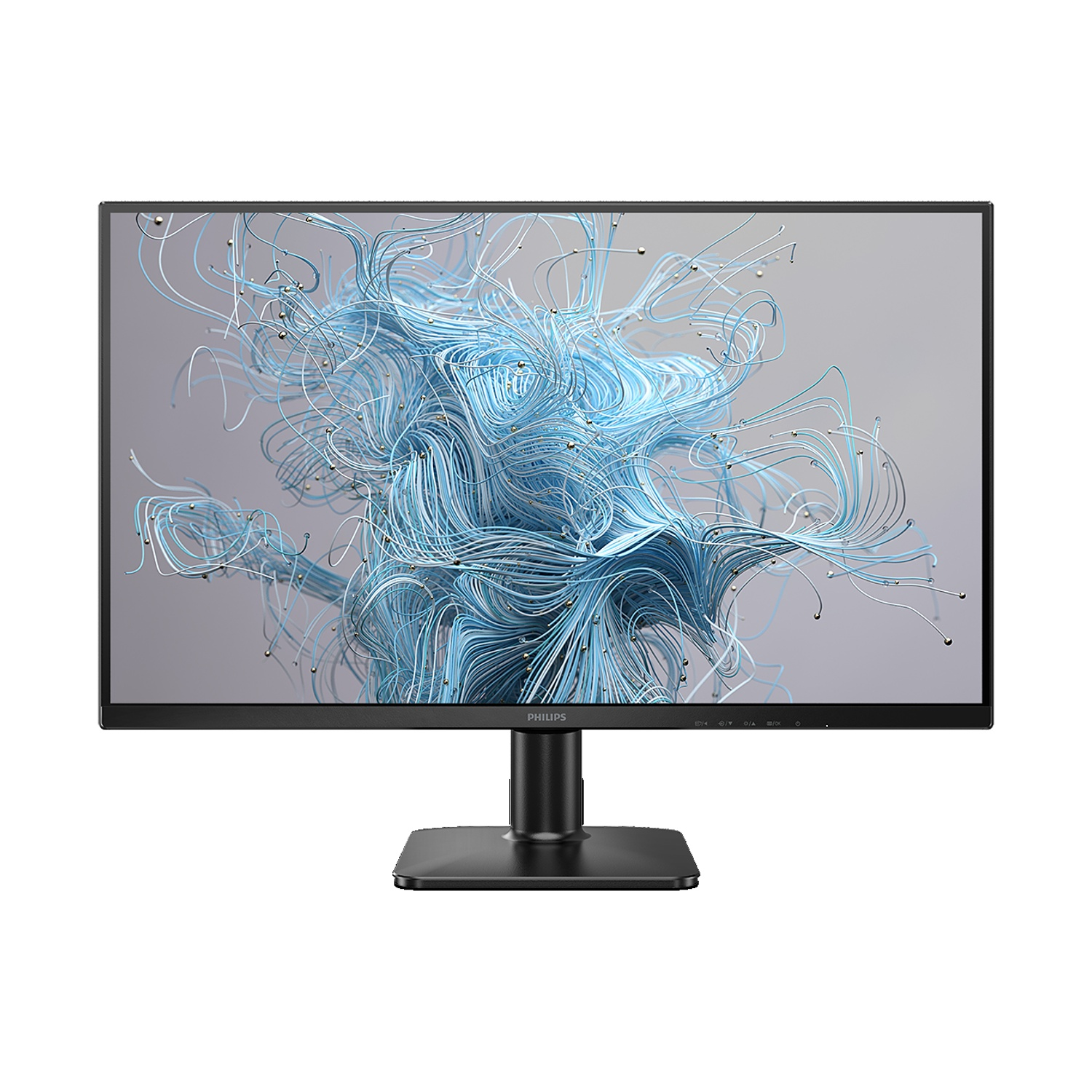 Un monitor nero visualizza un motivo astratto blu e grigio con sfere argentate.