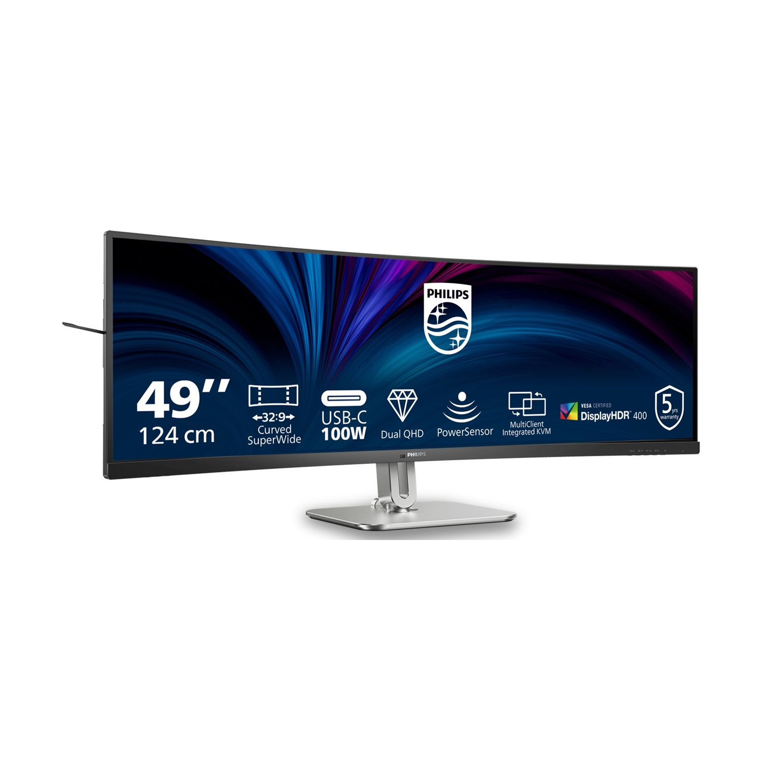 Un monitor curvo Philips da 49 pollici con USB-C 100W, Dual QHD, PowerSensor e 5 anni di garanzia.