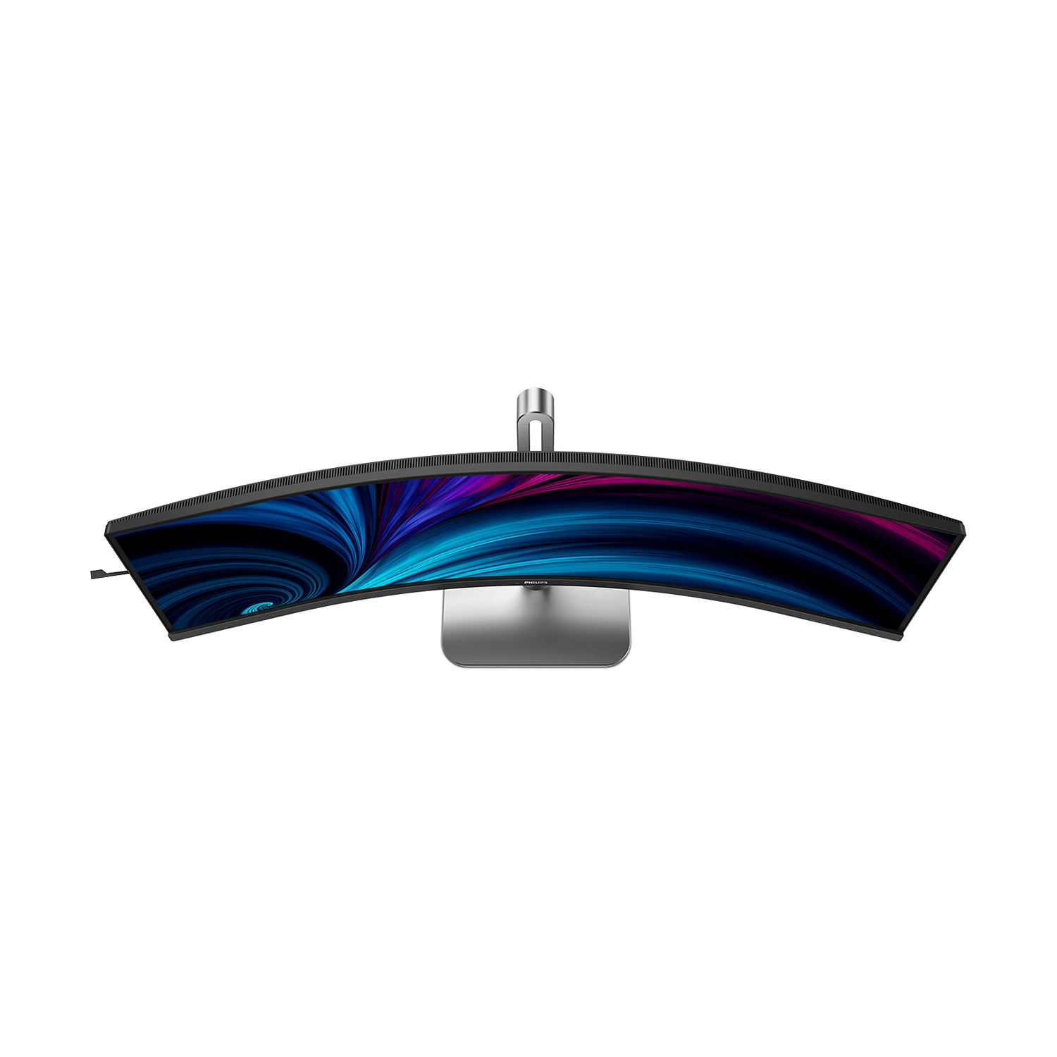 Un monitor curvo con uno sfondo astratto e vorticoso nei toni del blu e del viola.