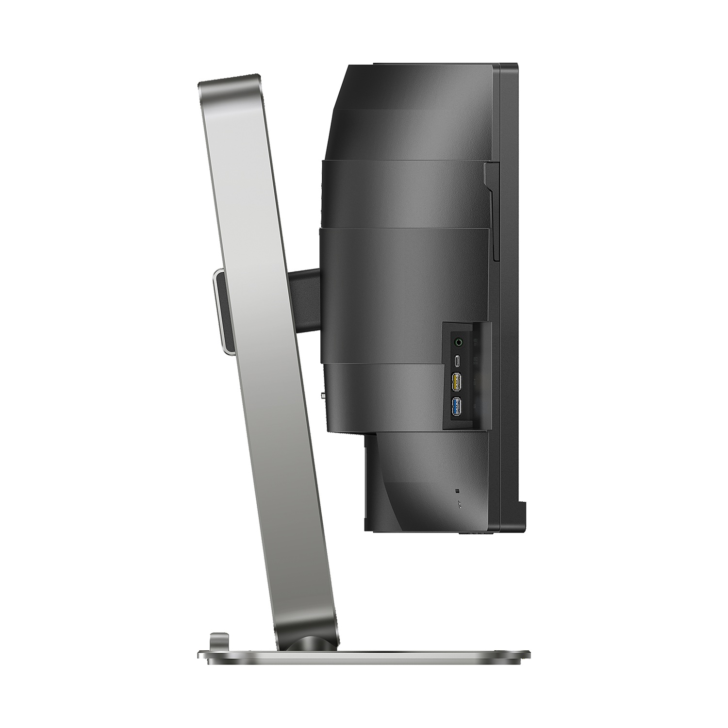 Vista laterale di un monitor con supporto argentato e porte nere.