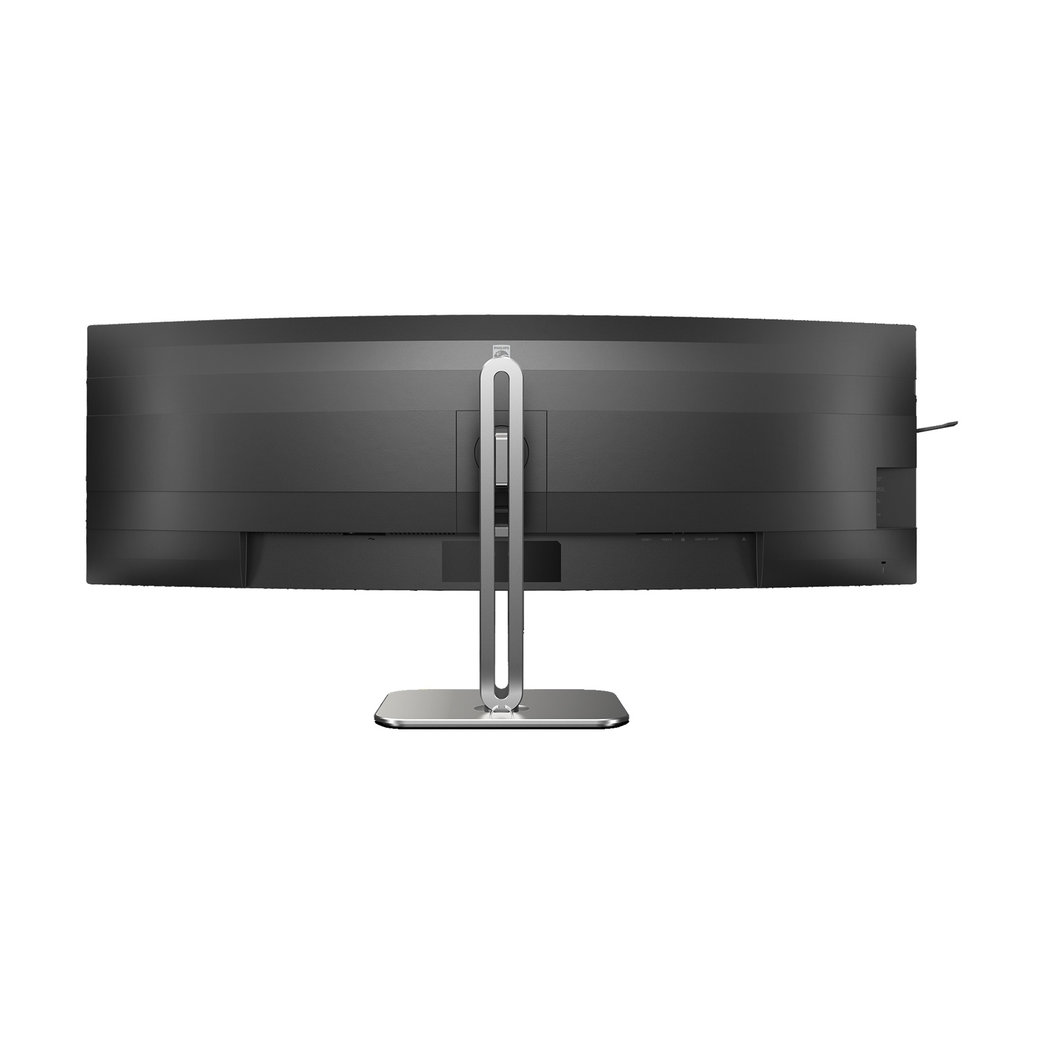 Retro di un monitor curvo e largo con supporto argentato e logo Philips.
