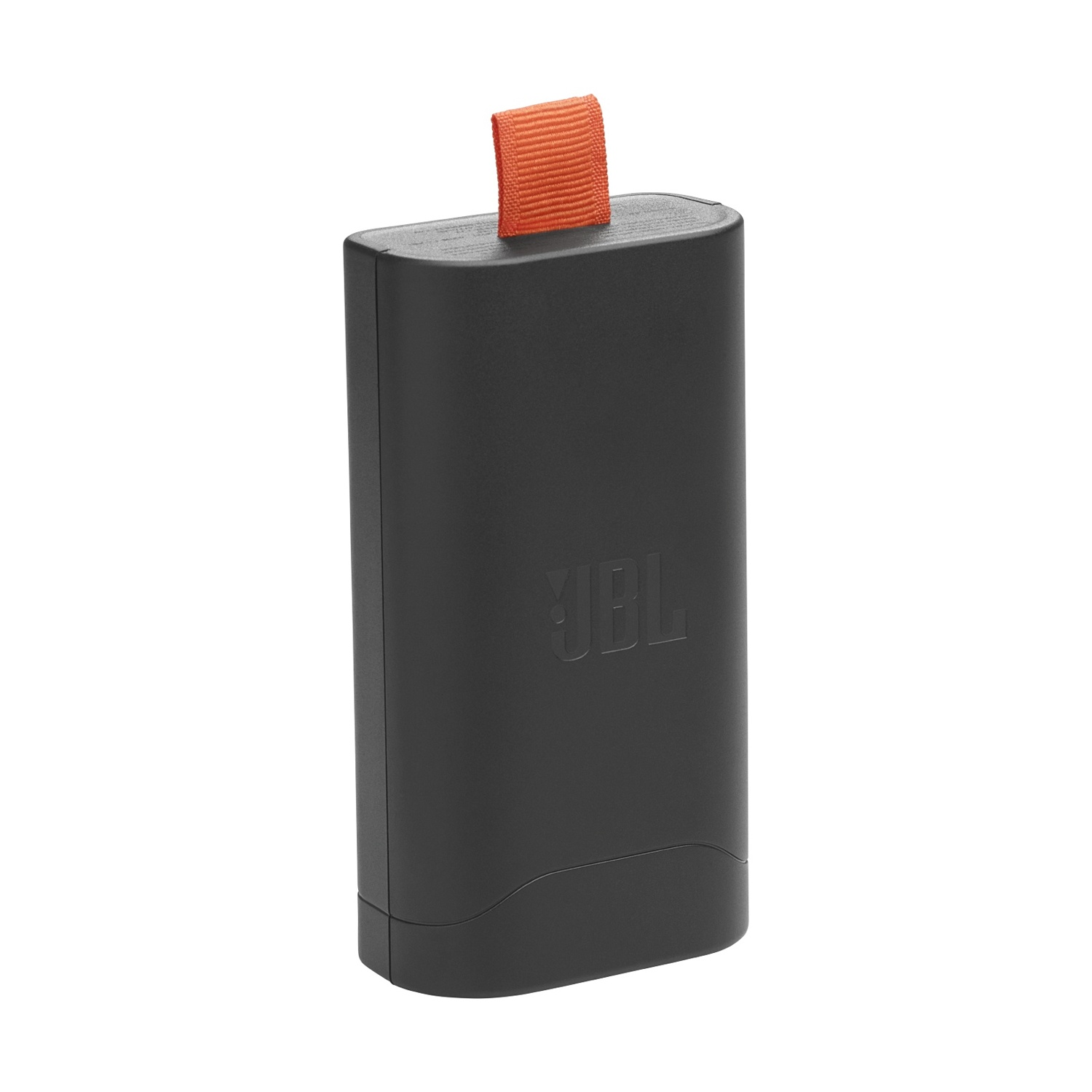 Altoparlante JBL nero con tracolla arancione, su sfondo bianco.
