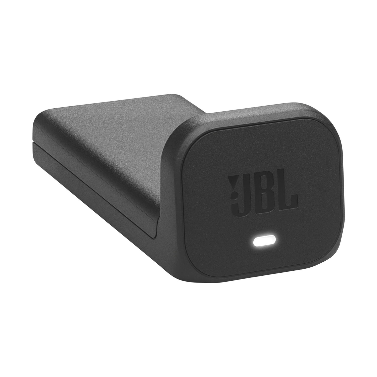Custodia di ricarica JBL nera con LED illuminato.