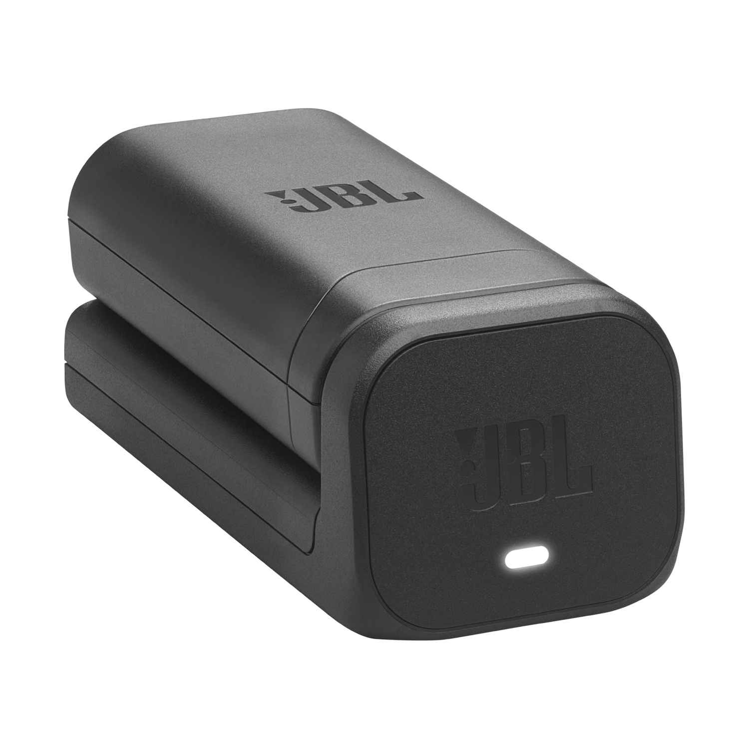 Custodia di ricarica nera JBL per power bank con LED illuminato.