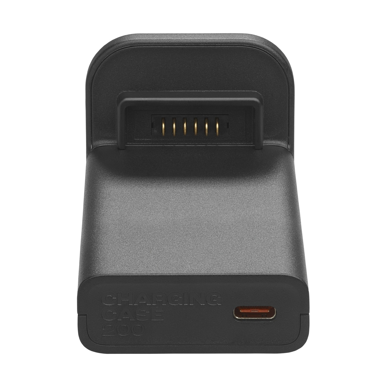 Custodia di ricarica nera con porta USB-C e contatti di ricarica.