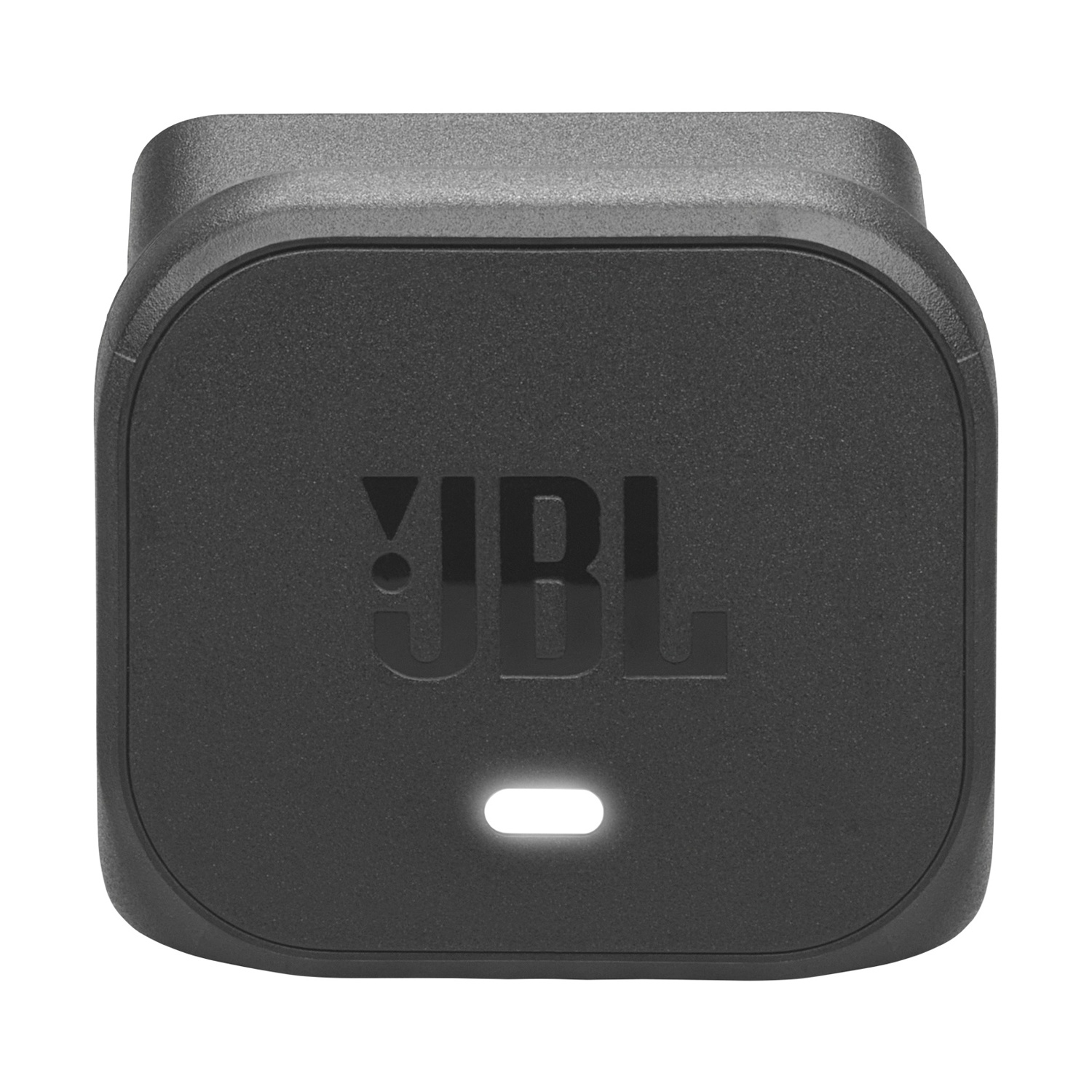Custodia di ricarica JBL nera con luce bianca.