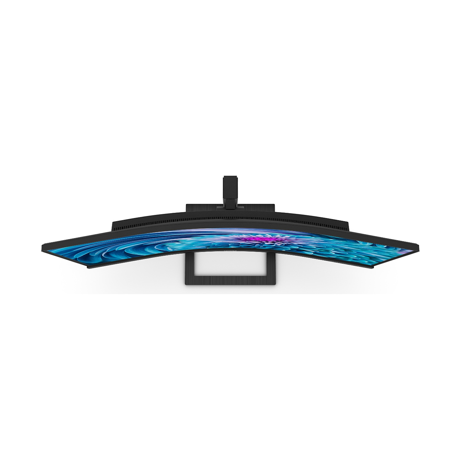 Un monitor curvo con un motivo blu e viola.