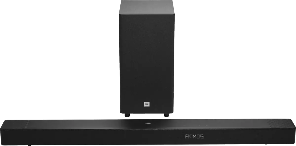 Fekete JBL hangprojektor és mélynyomó ATMOS kijelzővel.