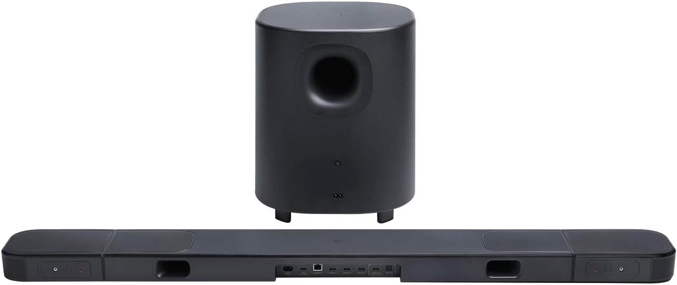 Fekete mélynyomó és soundbar látható portokkal.