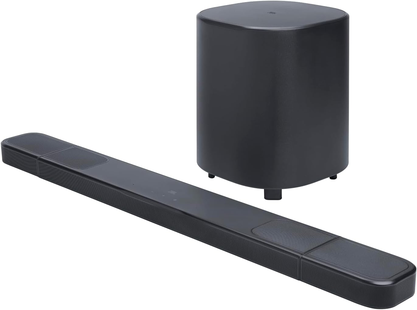 Fekete soundbar és mélynyomó egymás mellett fehér háttéren.