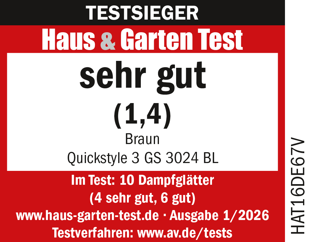 Testurkunde Haus & Garten Test: Sehr gut (1,4) für Braun Quickstyle 3 GS 3024 BL.