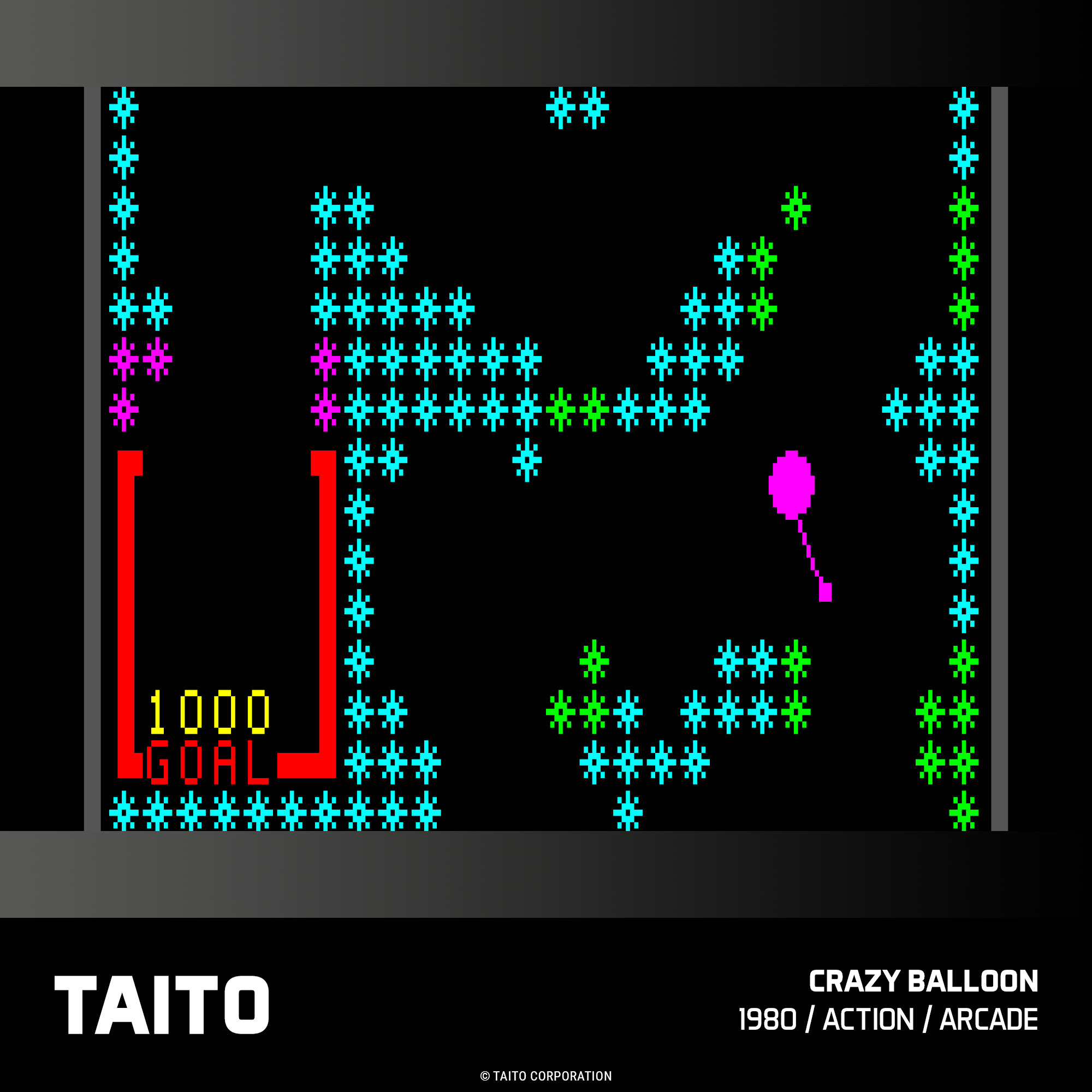 Ekran gry retro z grafiką pikselową, różowym balonem i wynikiem 1000.