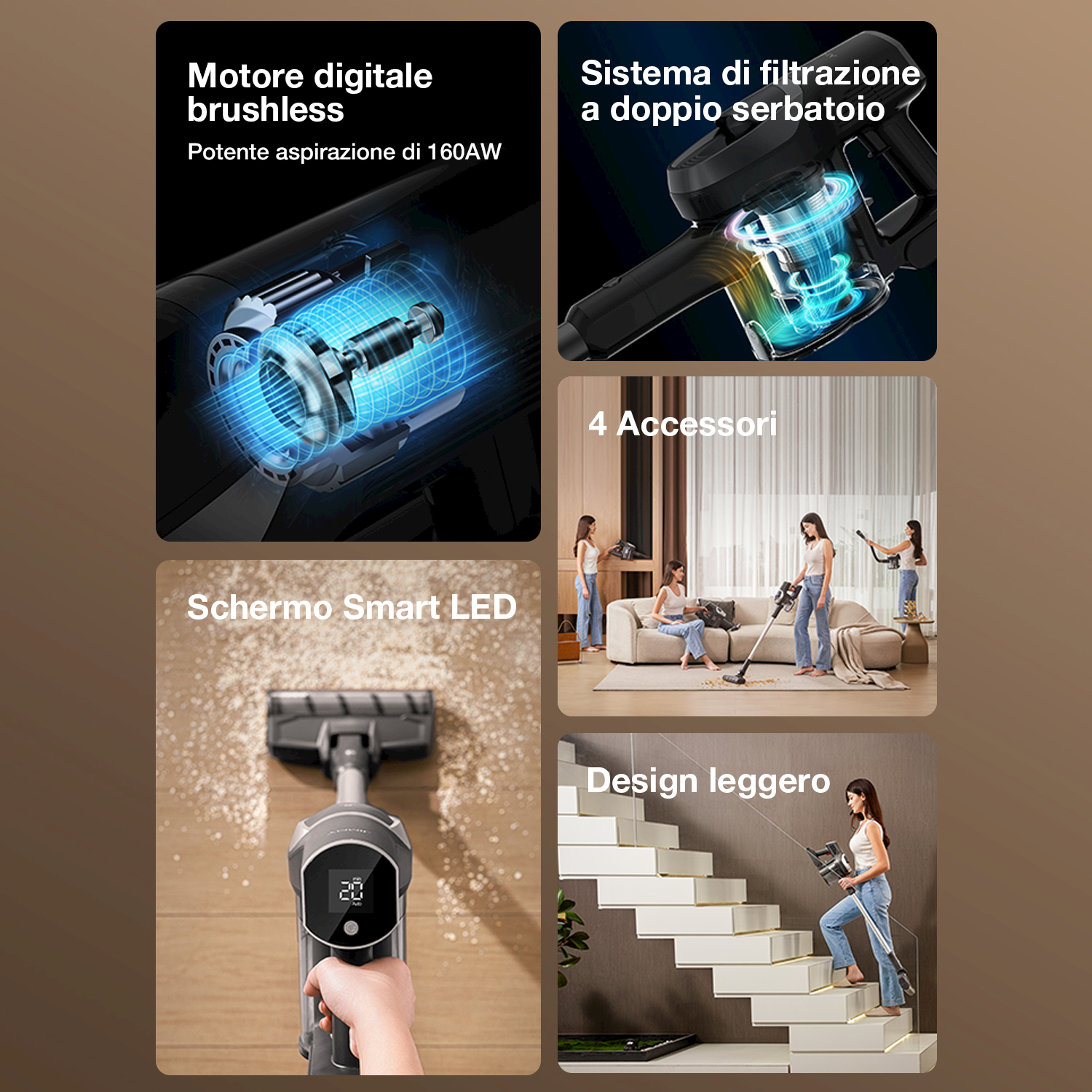 Immagine aspirapolvere senza fili con motore digitale, filtro e accessori.
