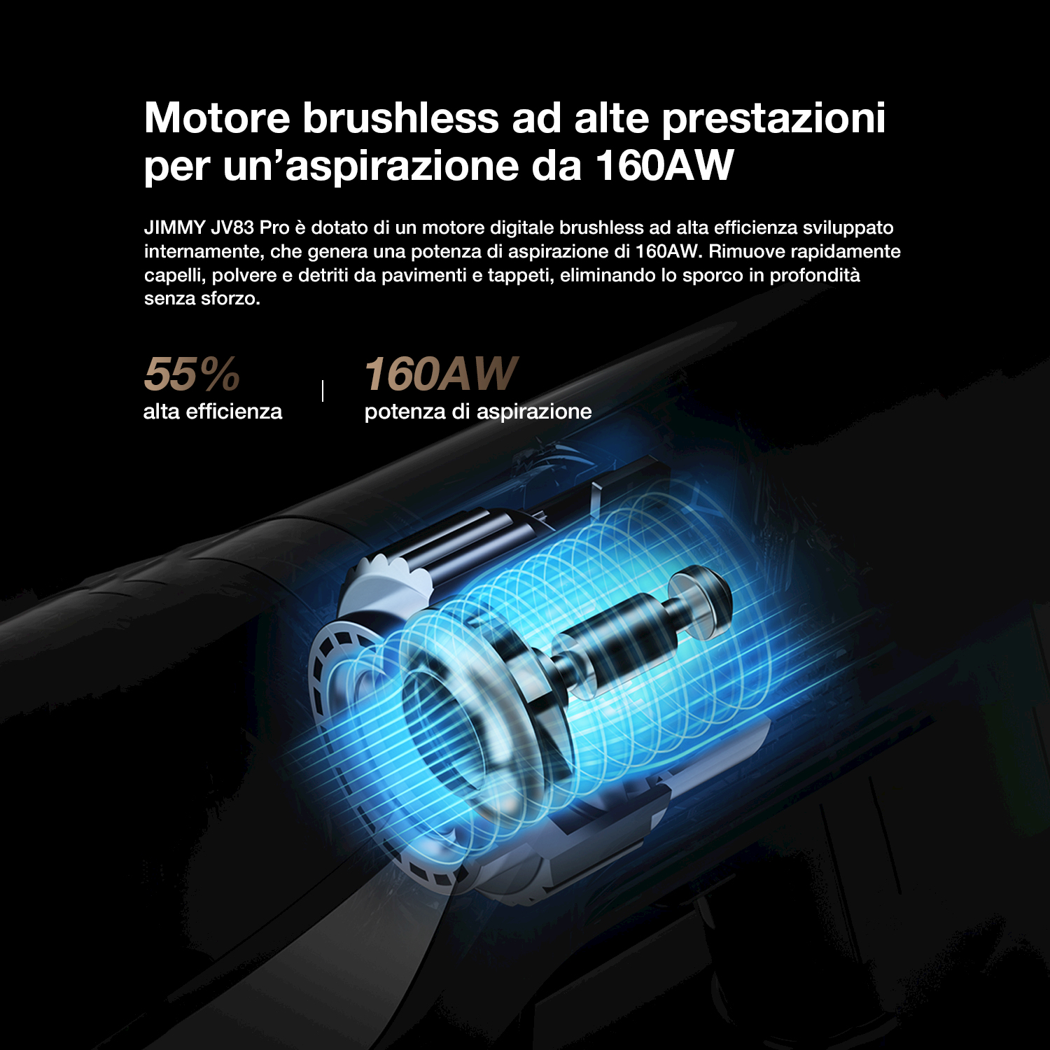 Una vista dettagliata del motore brushless di un aspirapolvere con linee di effetto energetico blu.