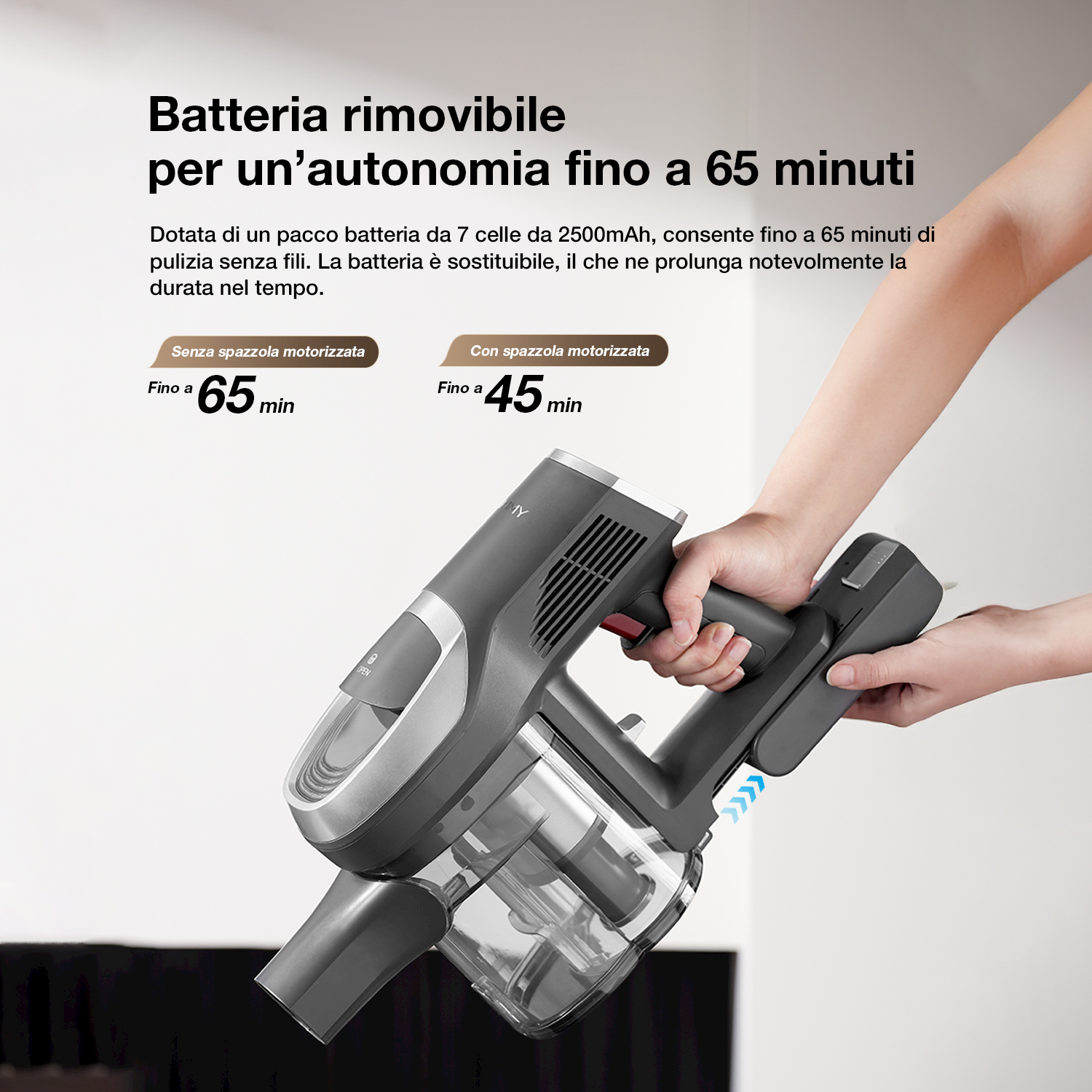 Aspirapolvere senza fili grigio, batteria rimovibile per 65 min.