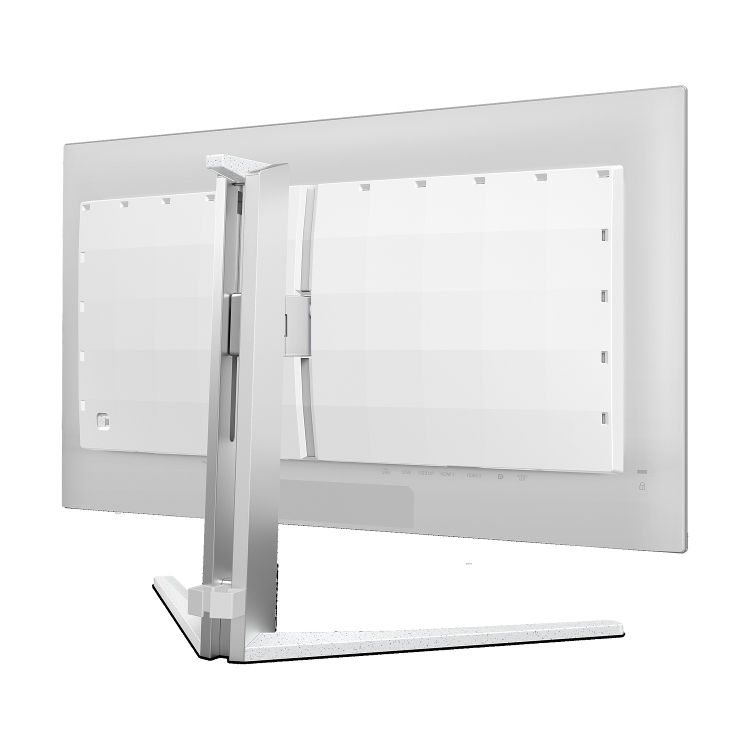 Vista posteriore di un monitor bianco con supporto argentato e porte.
