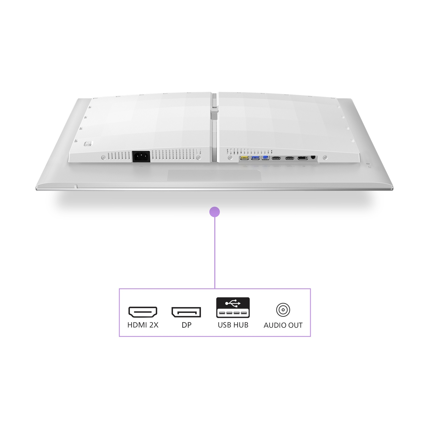 Retro del monitor con porte: Alimentazione, 2x HDMI, DP, Hub USB, Uscita Audio.