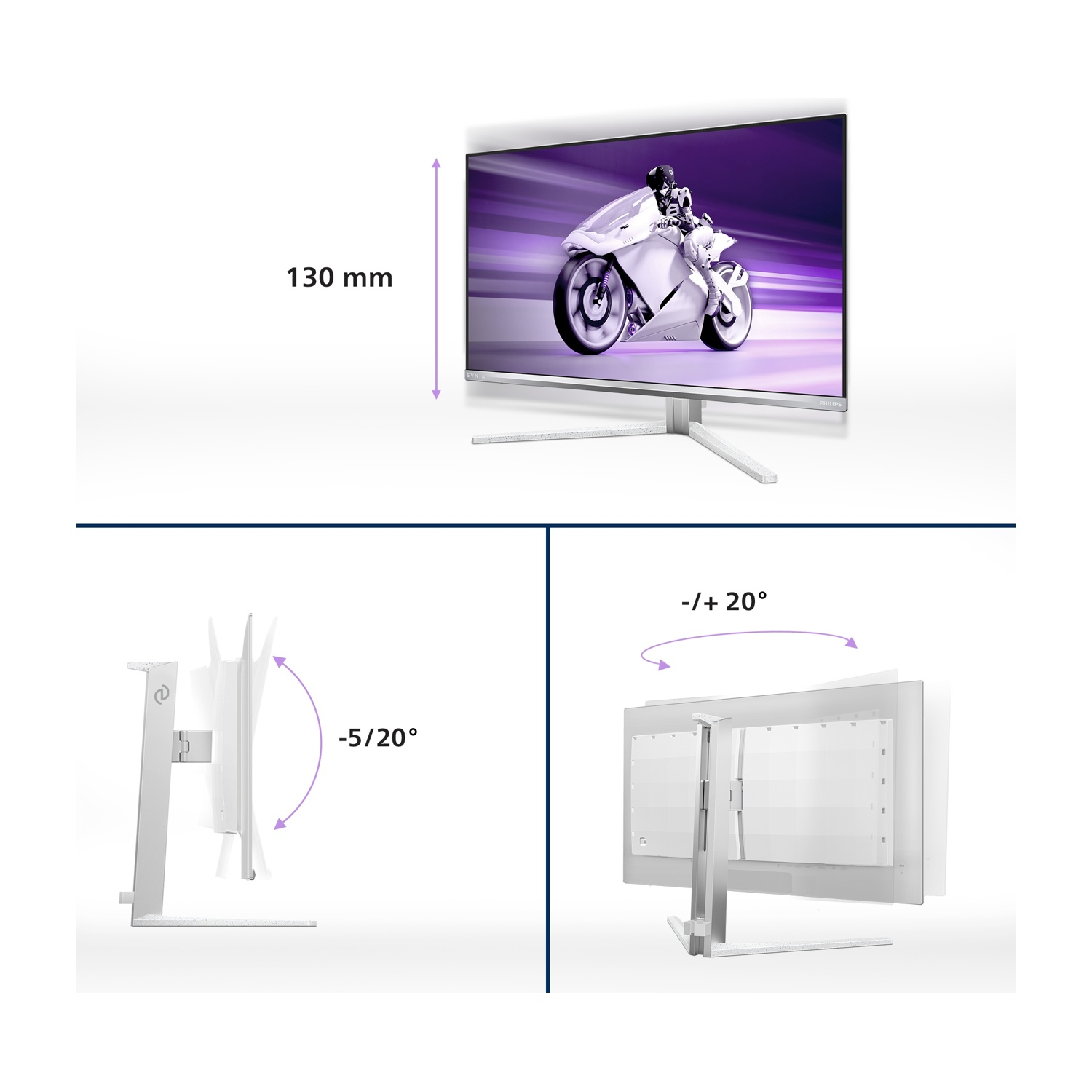 Monitor con immagine di moto. Inclinazione -5/20° e rotazione -/+ 20°.