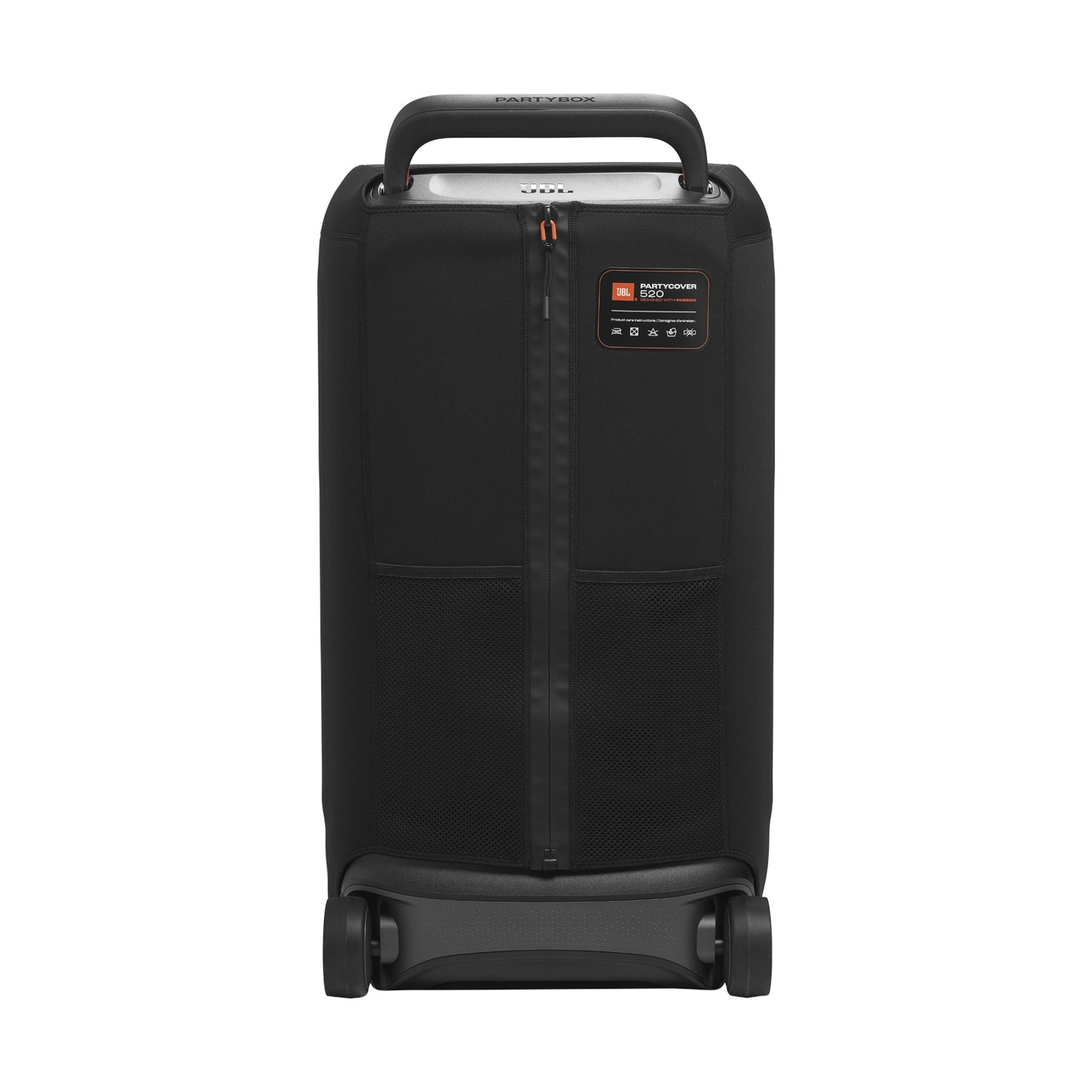 Copertura nera JBL Partybox 520 con manico e ruote, su sfondo bianco.