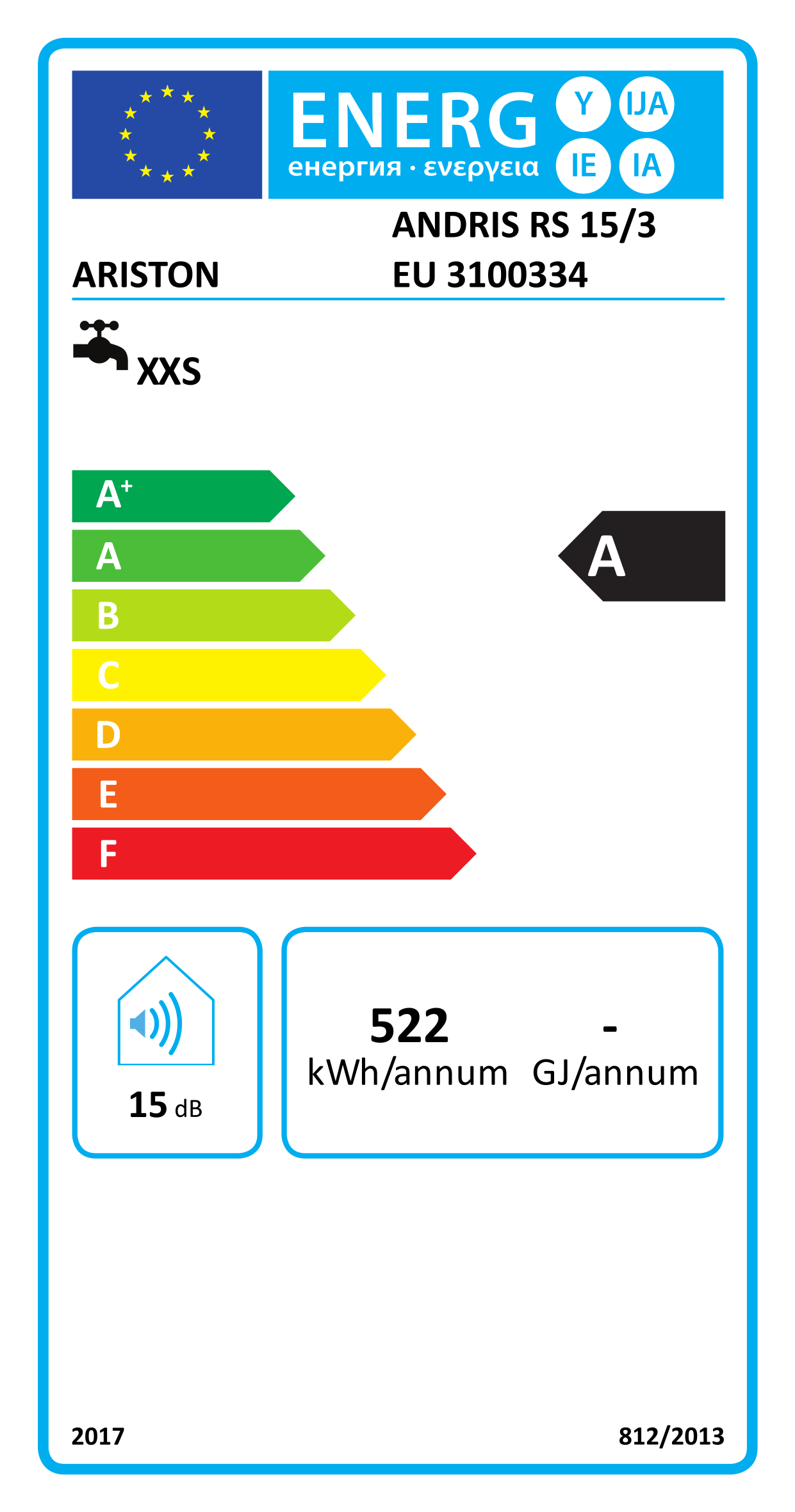 Ariston Andris RS 15/3 energia címke. Energiaosztály A. Zajszint 15 dB.