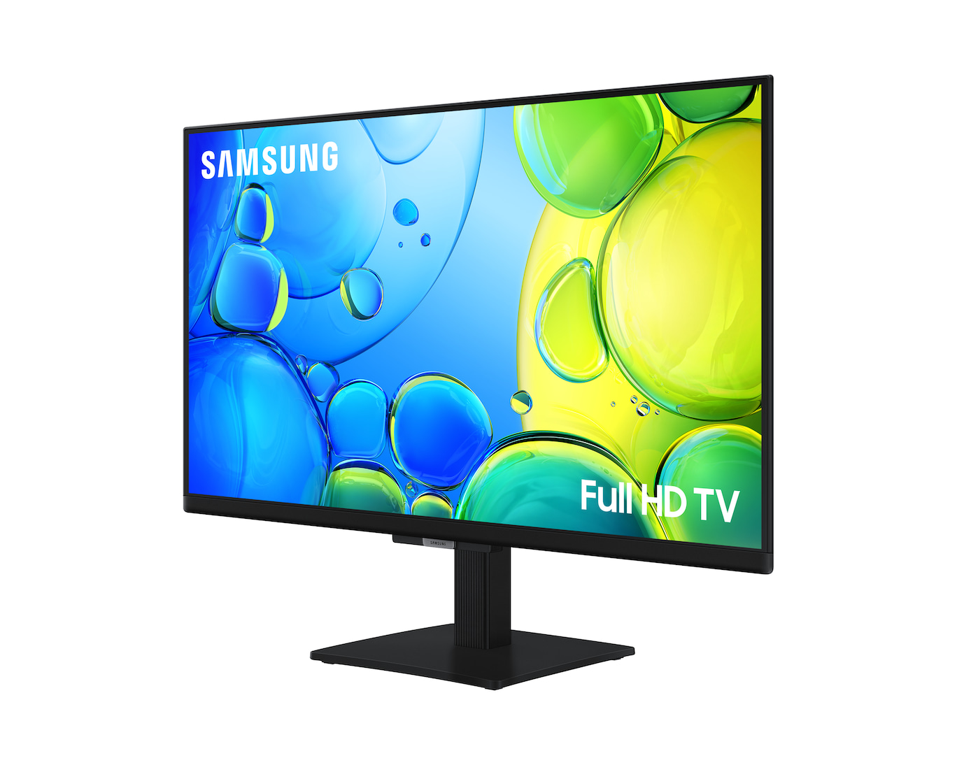 Ein Samsung Full HD TV mit einem blauen und gelben Blasenhintergrund.