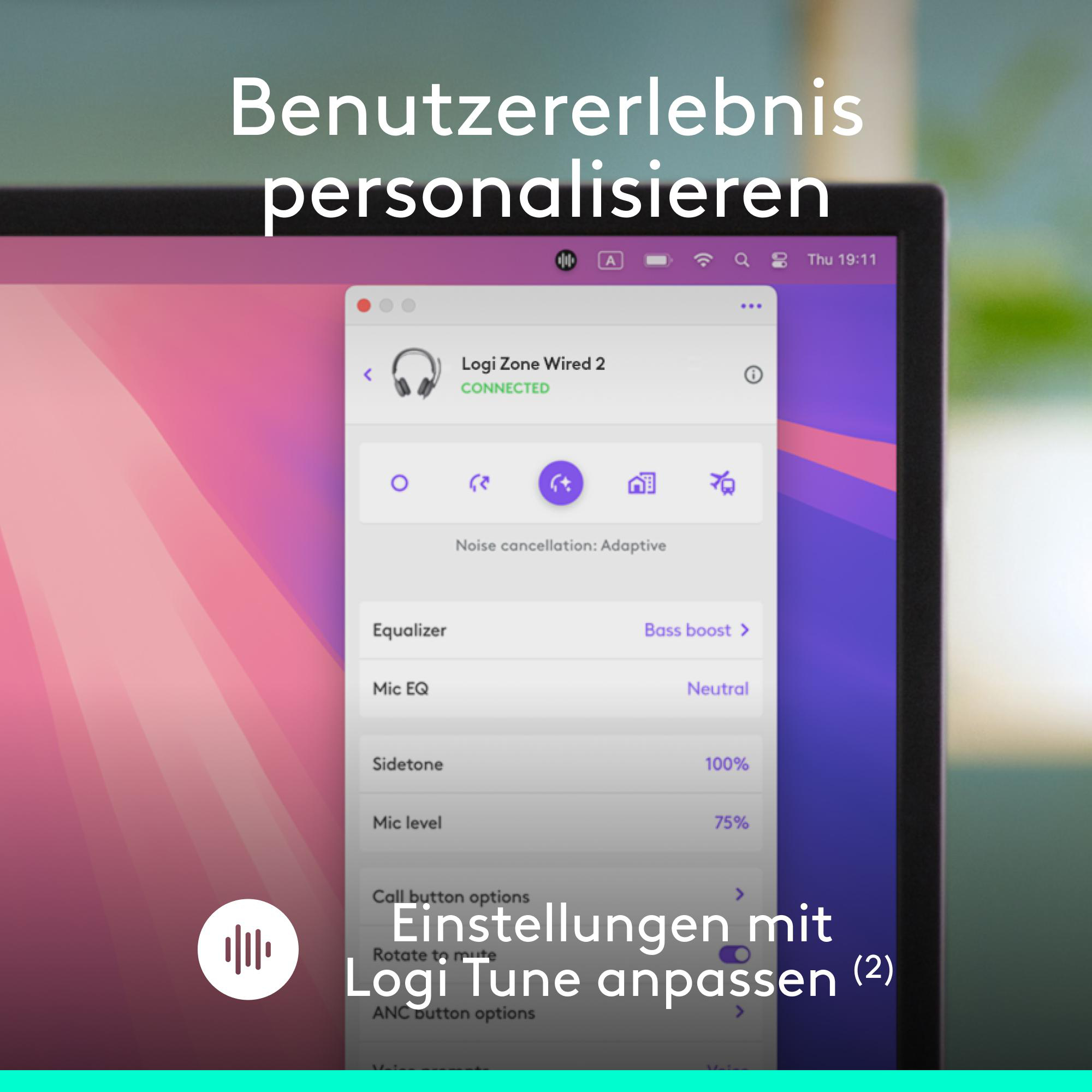 Bildschirm zeigt Logi Tune App mit Audioeinstellungen für Kopfhörer.