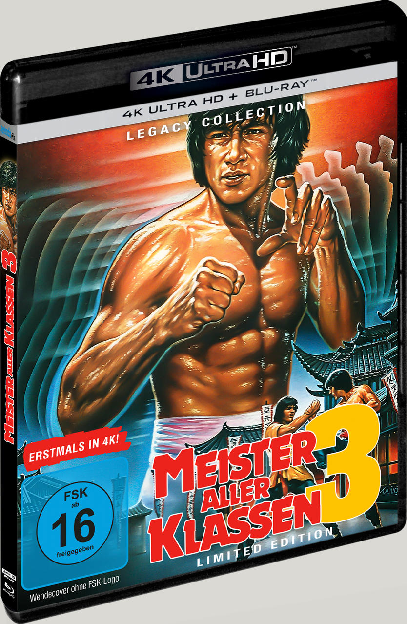 Eine 4K UHD Blu-ray Hülle mit Jackie Chan in Kampfpose, Titel 'Meister aller Klassen 3'.