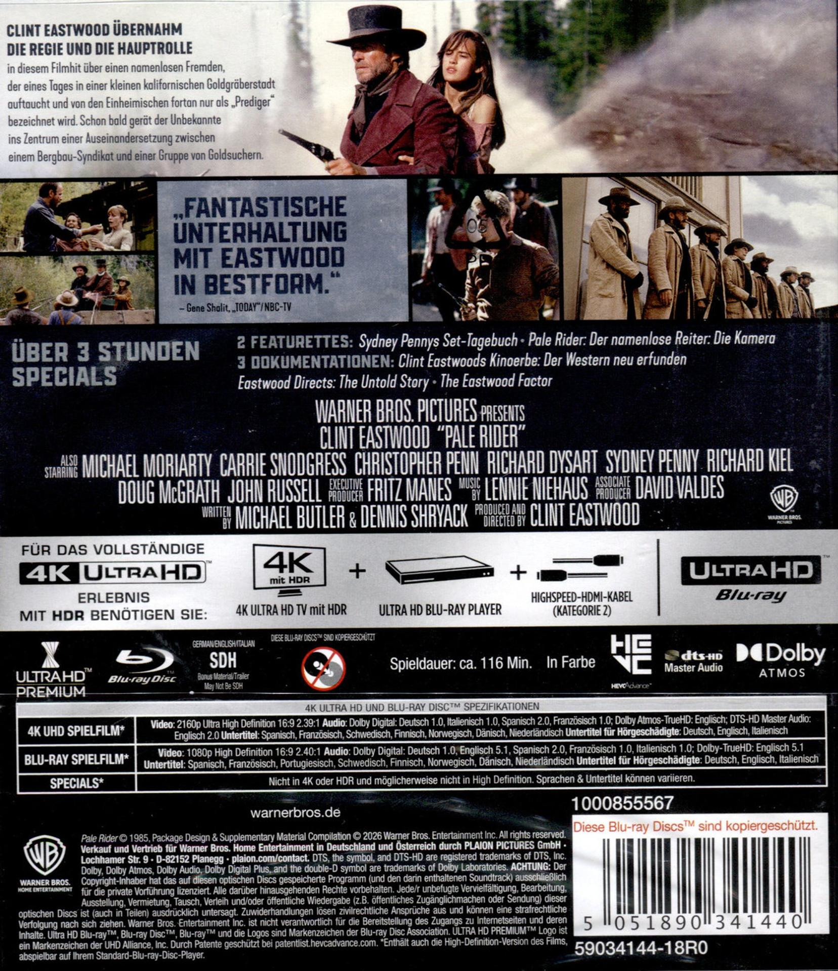 Cover-Rückseite des Films 'Pale Rider' mit Clint Eastwood, 4K Ultra HD Blu-ray Details.