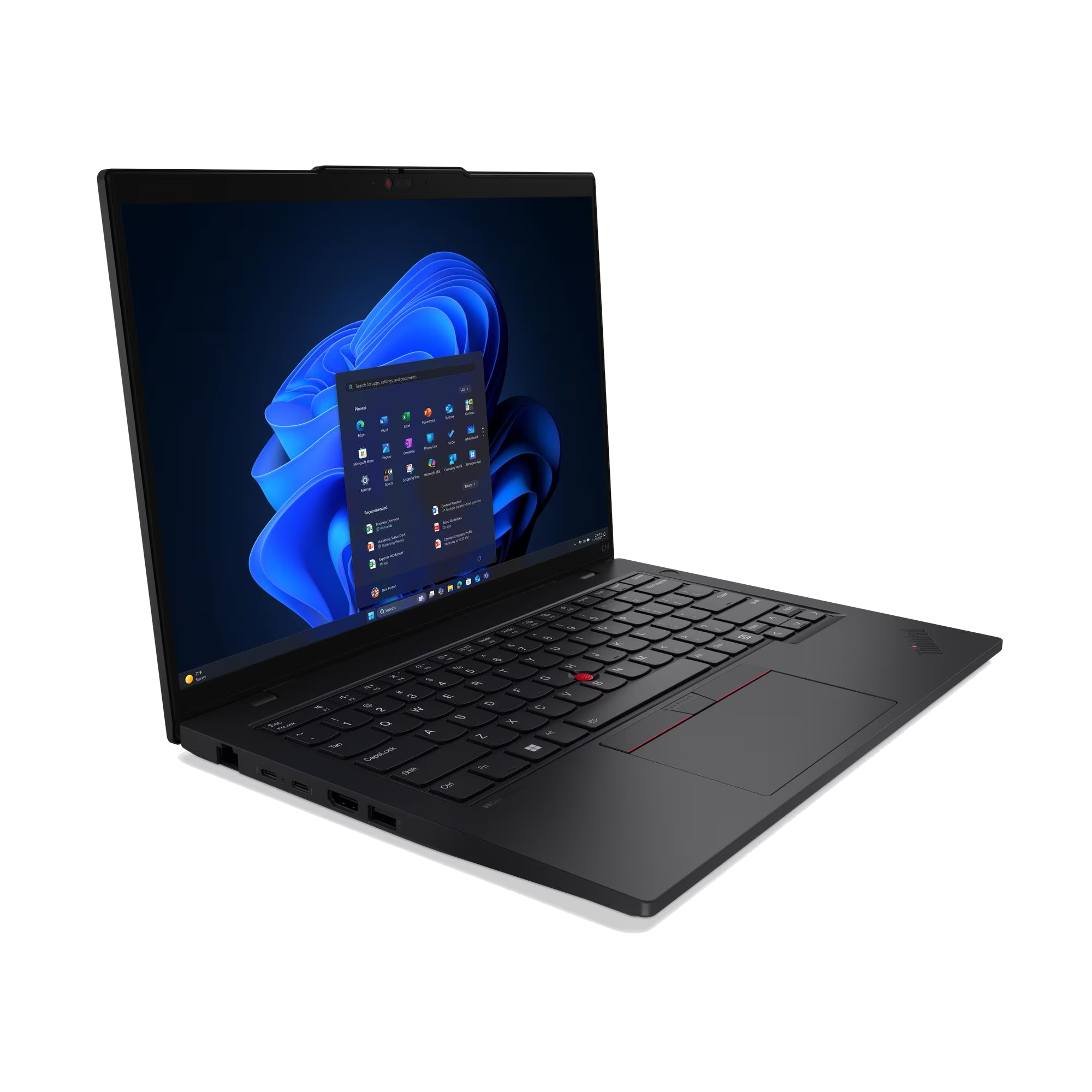 Un portátil negro con pantalla iluminada, mostrando el menú de inicio de Windows.