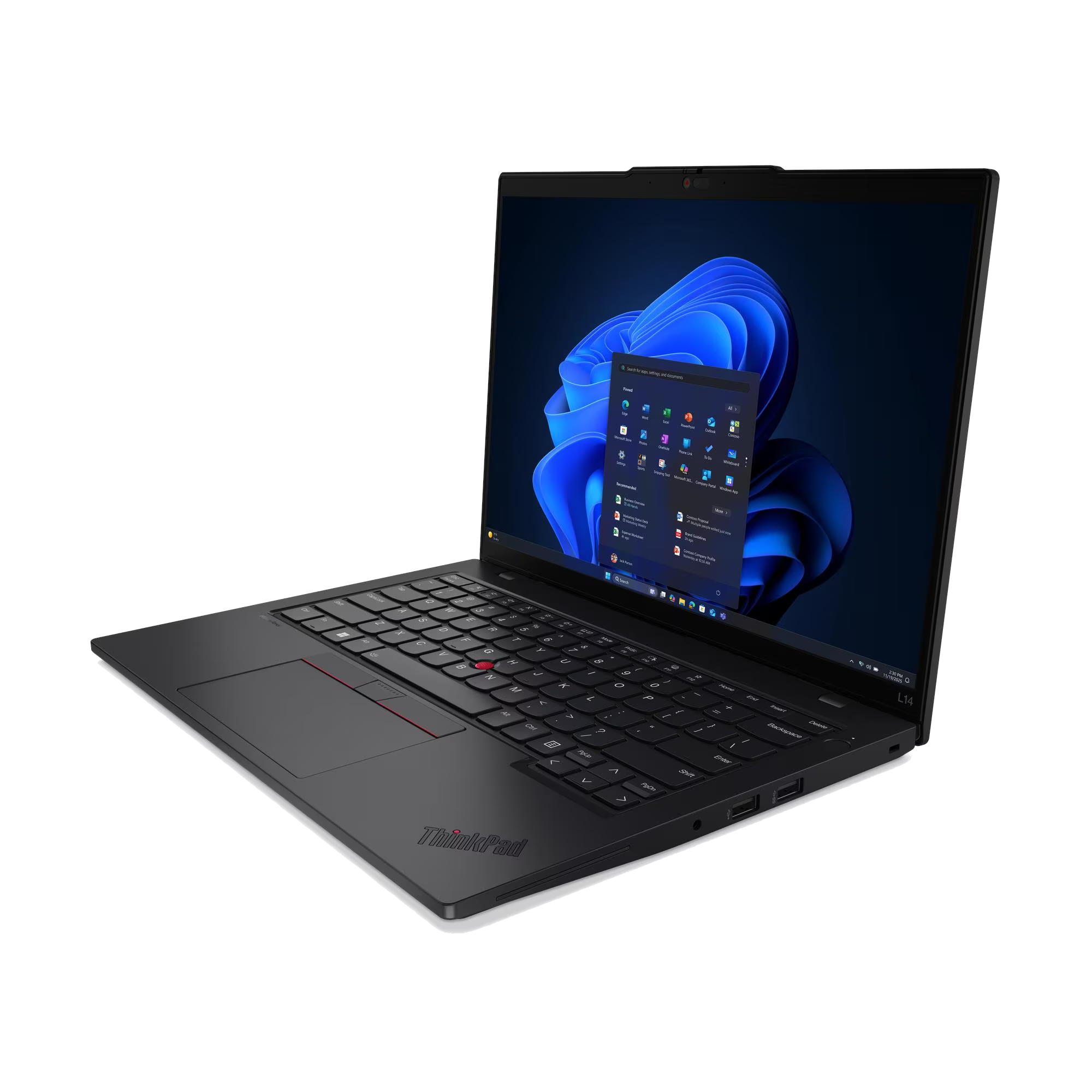 Portátil negro con pantalla abierta, teclado y panel táctil.